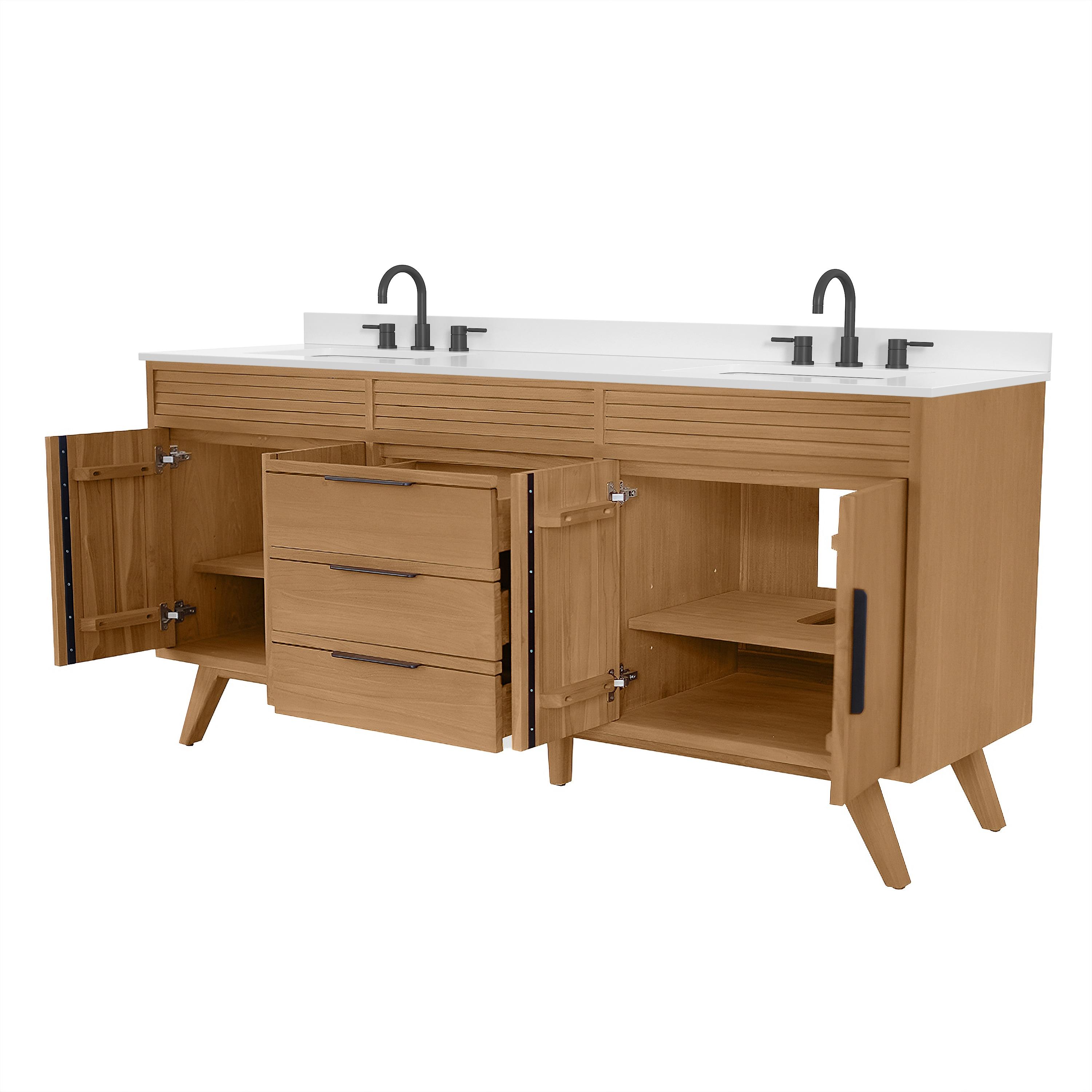 Taylor 73 In. Double Sink Bath Vanity In Natural Teak With White Quartz Top