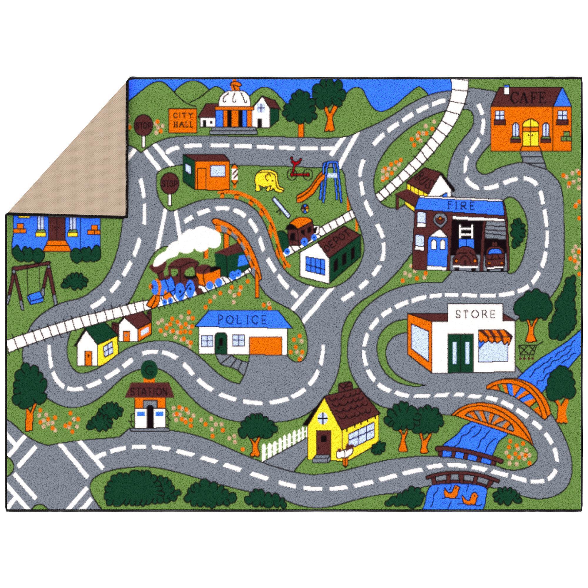 Ottomanson Children Car Road Map 5x7 Washable Non-Slip Area Rug for Kids Playroom, 5' x 6'6", Green/Multicolor