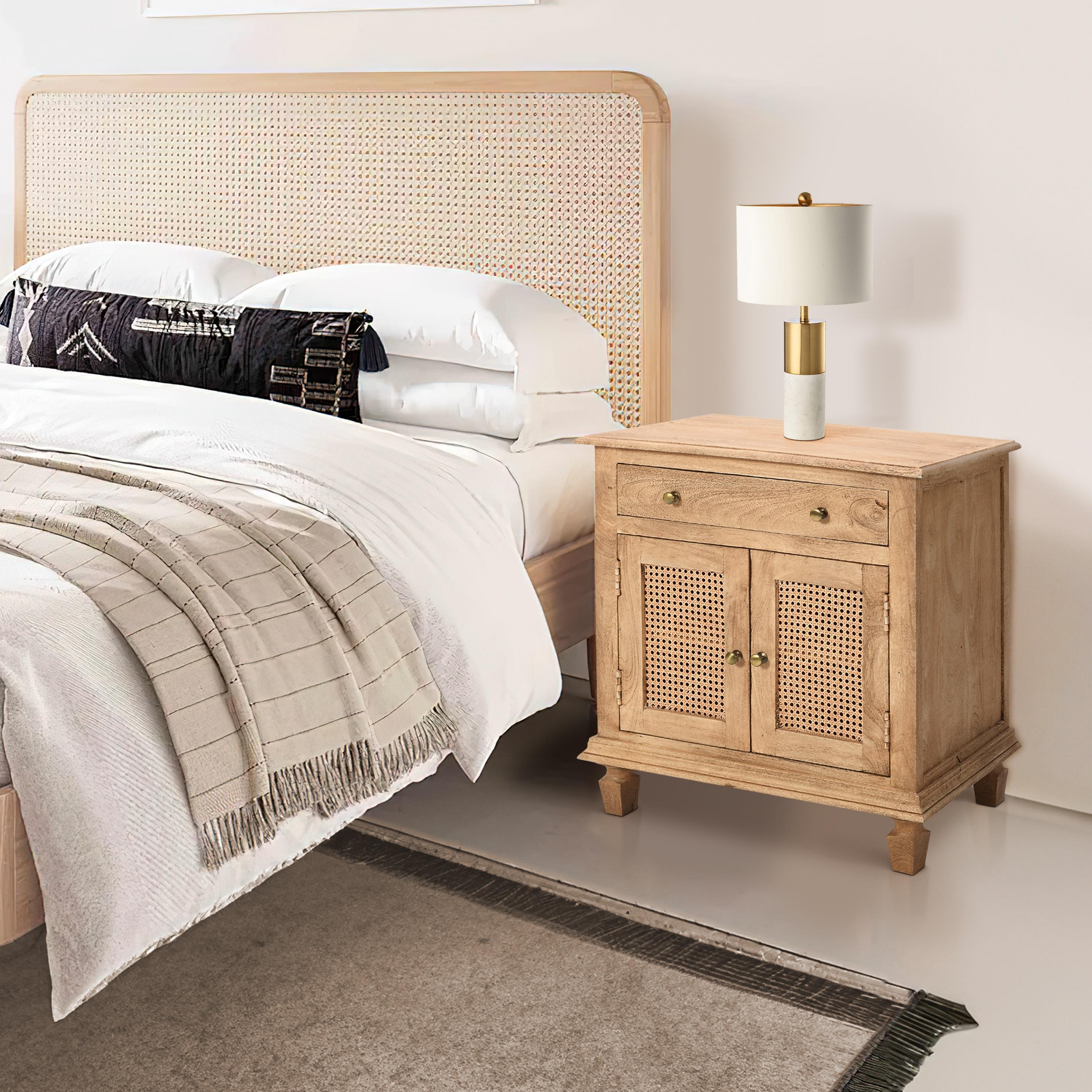 The Urban Port 30" Nightstand Table Rattan Cabinet Doors and Drawer Fronts Sandblasted Brown Mango Wood Brown