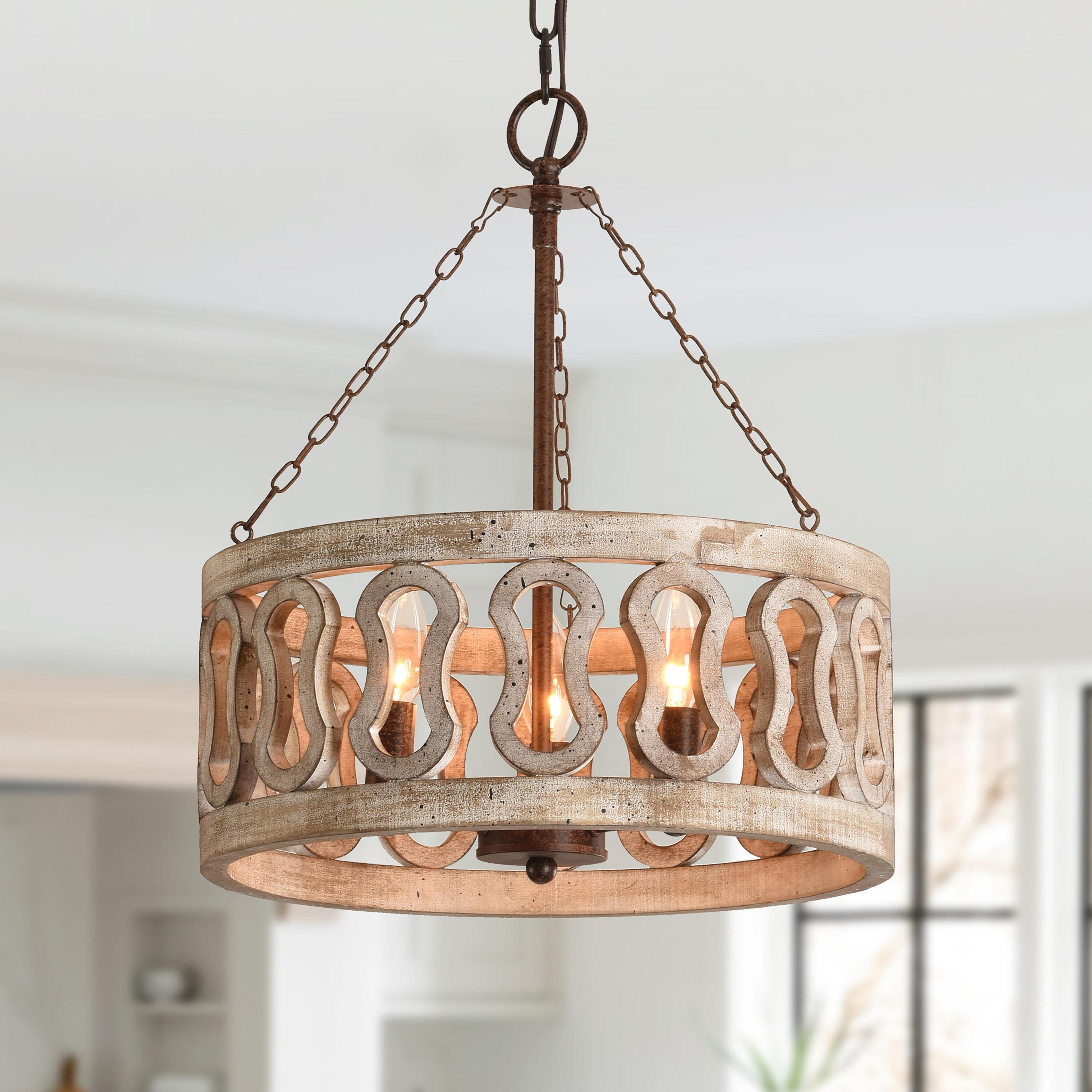 Cusp Barn  3-Light Farmhouse Candle Chandelier Rustic Drum Ceiling Pendant Light for Living Room Weathered Woood