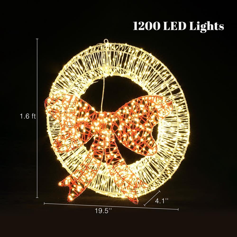 LuxenHome 1.6Ft Round Light Wreath and Red Light Bow Holiday Decoration with Timer Clear