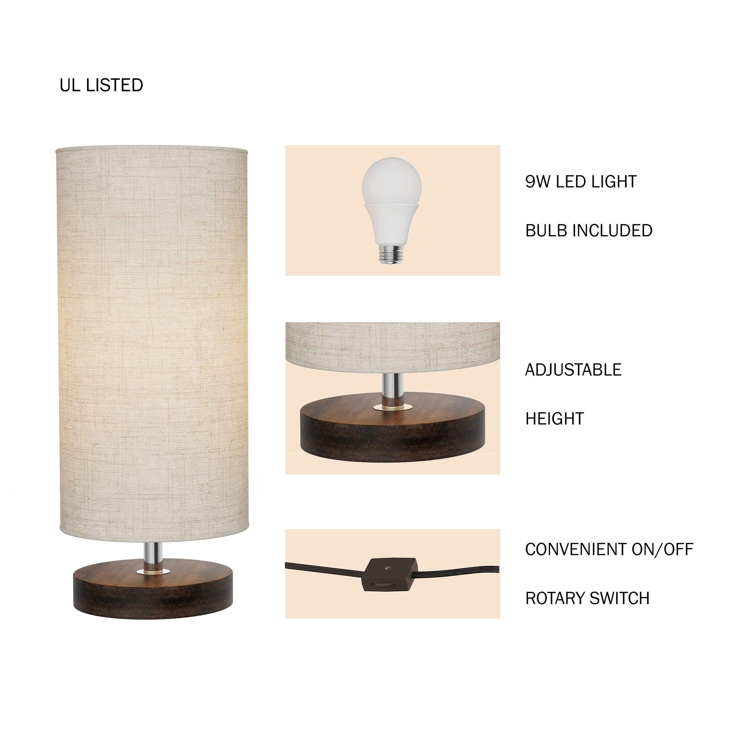 Hastings Home Cylinder Lamp Adjustable Height with Wooden Base and LED Bulb