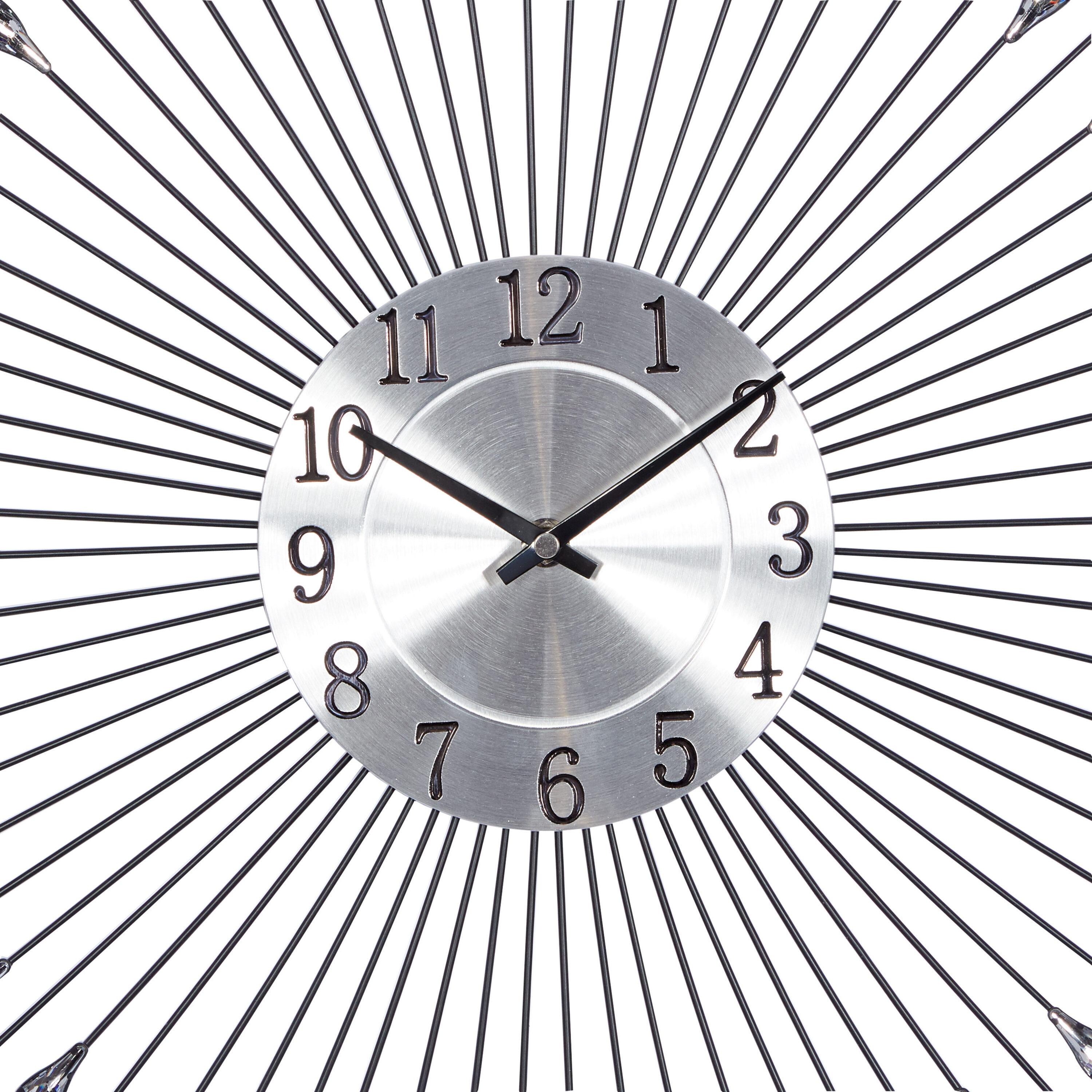 DecMode 23" Silver Metal Starburst Wall Clock with Crystal Embellishment
