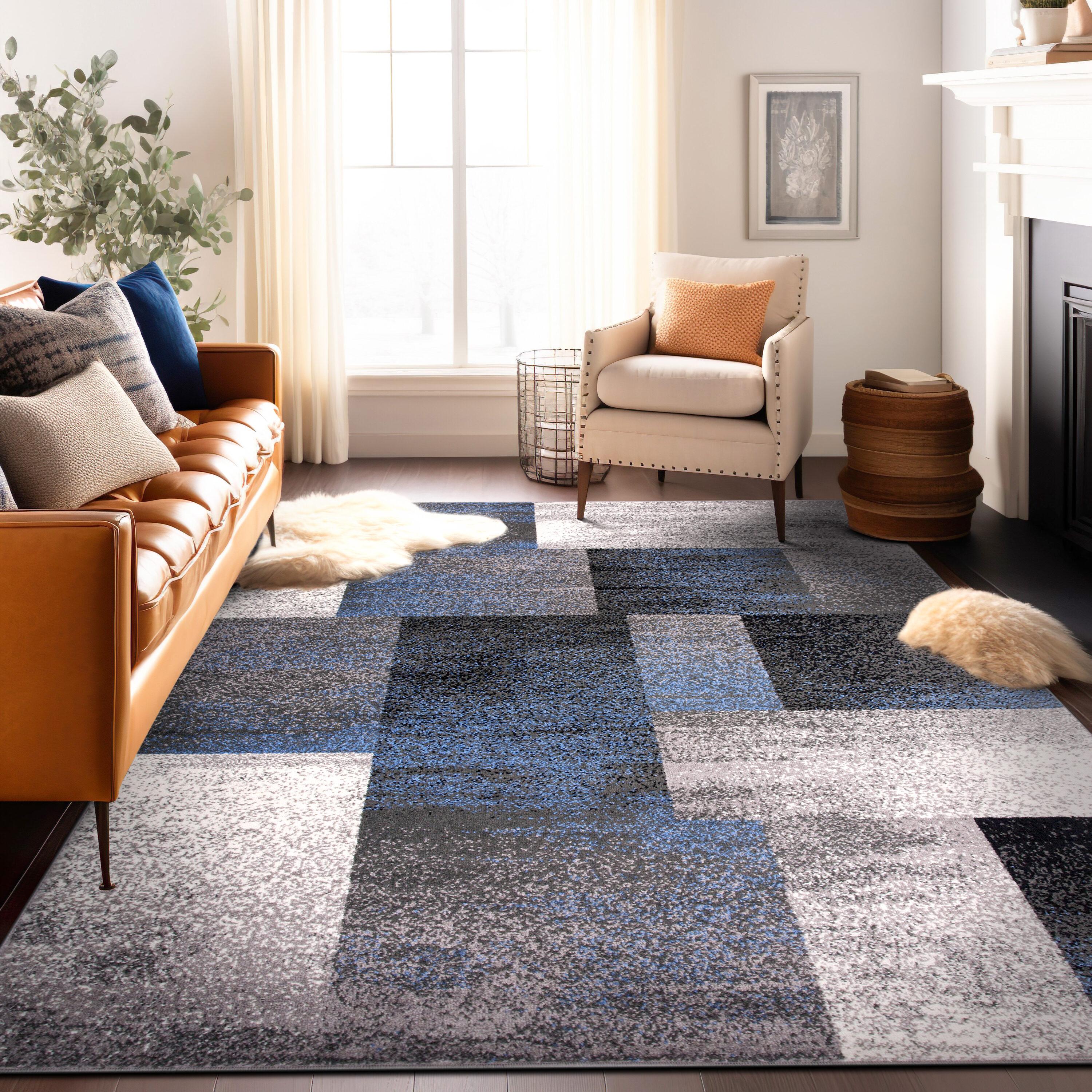 World Rug Gallery Contemporary Modern Geometric Boxes Area Rug - Blue 5' x 7'