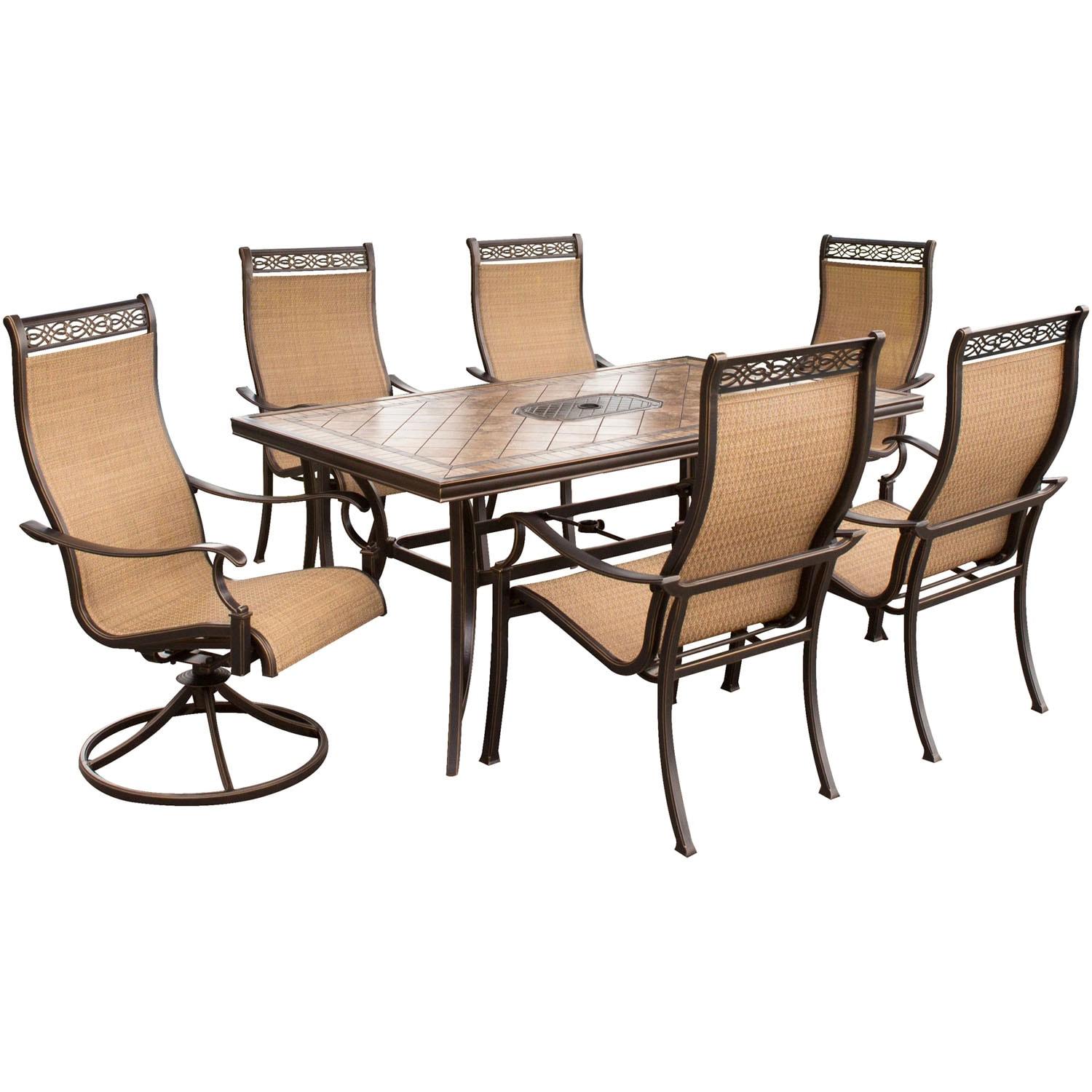 Hanover Monaco 7-Piece Outdoor Patio Dining Set with 4 PVC Sling Dining Chairs, 2 Swivel Rockers, and 40" x 68" Porcelain Tile Rectangular Dining Table | MONACO7PCSW