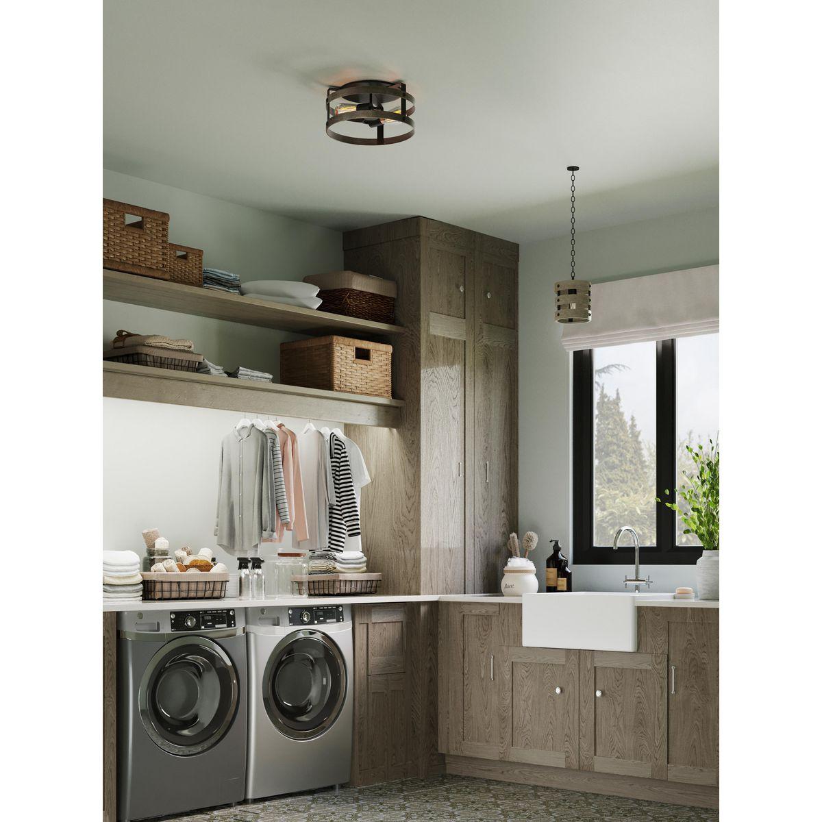 Progress Lighting Gulliver 2-Light Flush Mount Ceiling Light, Graphite, Open-Cage Design, Faux-Wood Finish