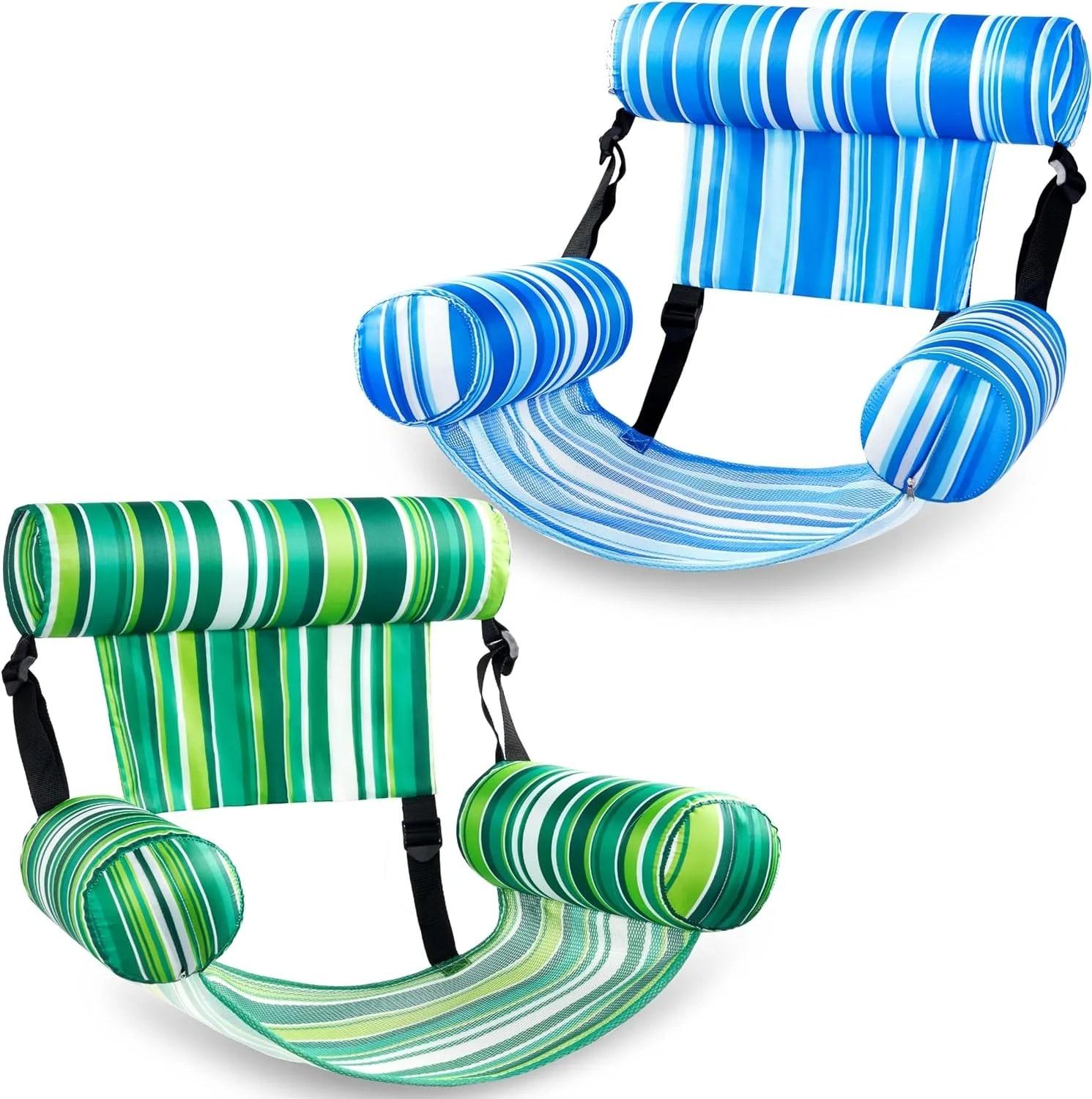 Joyfy 2 Packs Inflatable Pool Chairs,  Inflatable Lounge Pool Float, Stripe Hammock Chair for Adult Summer Party Water Beach Fun - Green, Blue