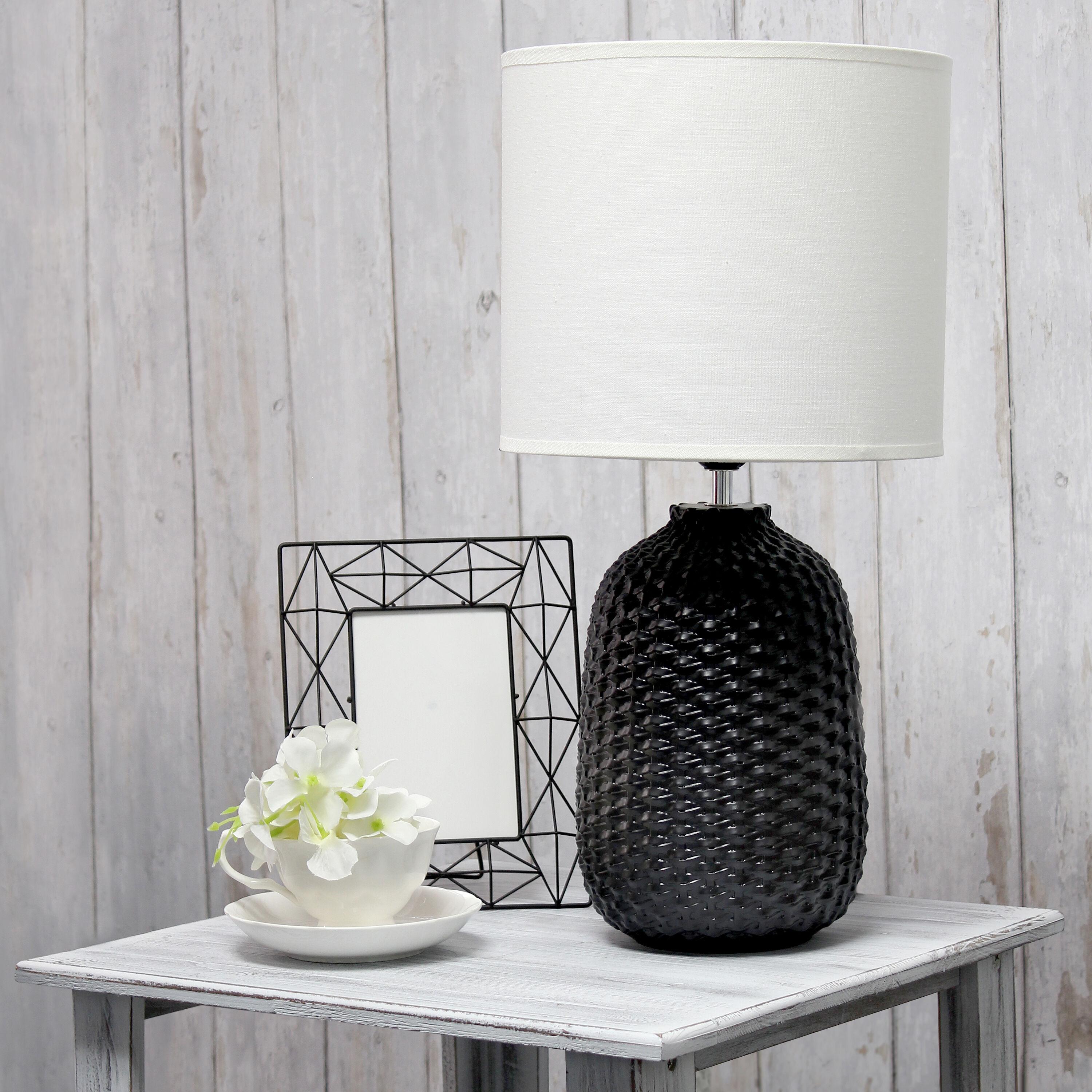 20.4" Traditional Ceramic Purled Texture Bedside Table Desk Lamp with White Fabric Drum Shade Black - Simple Designs: ETL Listed