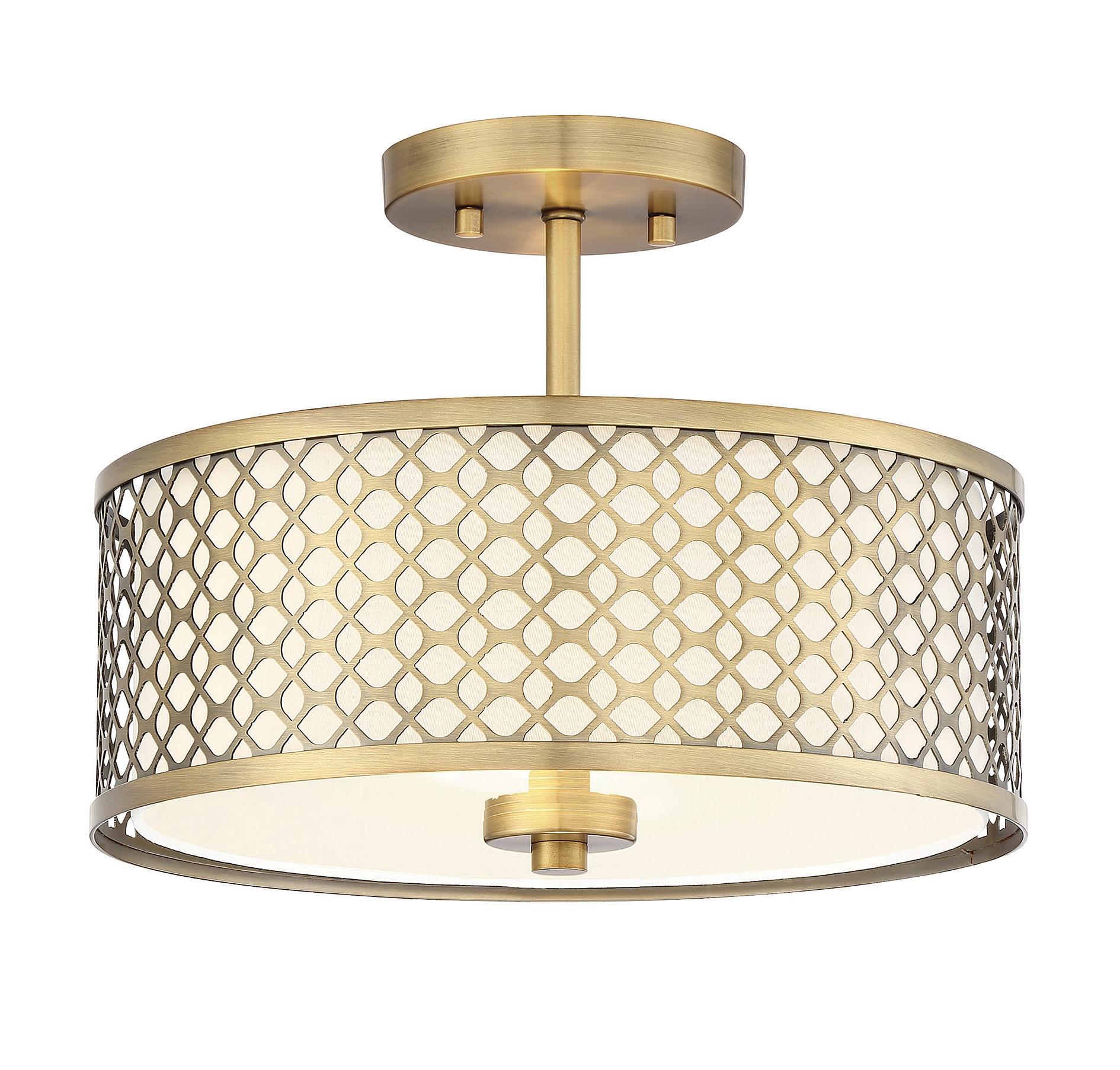 Meridian Elegance 2-Light Natural Brass Ceiling Light with Cream Fabric Shade