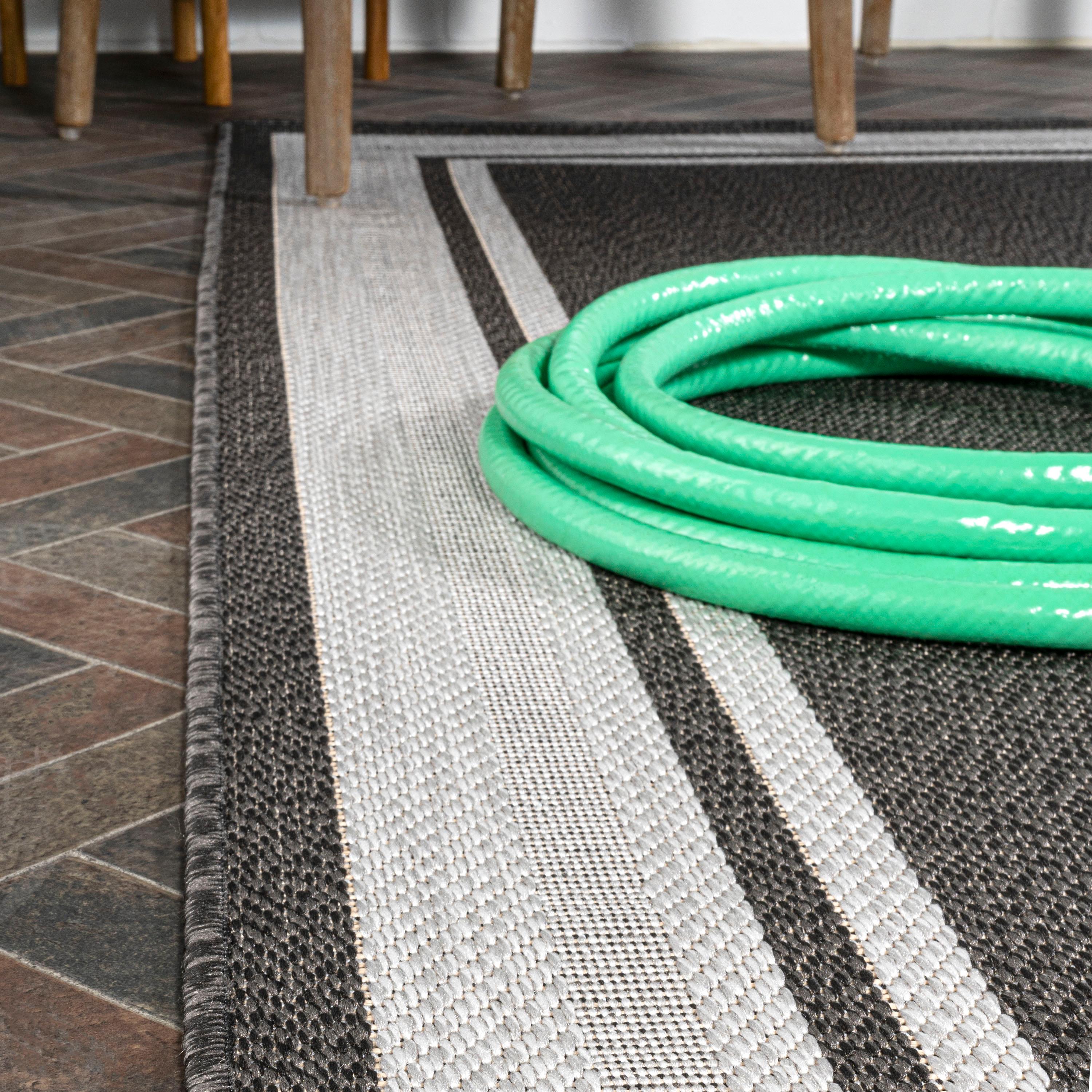 5' x 8' James Modern Border Stripe Indoor/Outdoor Area Rug, Black/Cream - JONATHAN Y