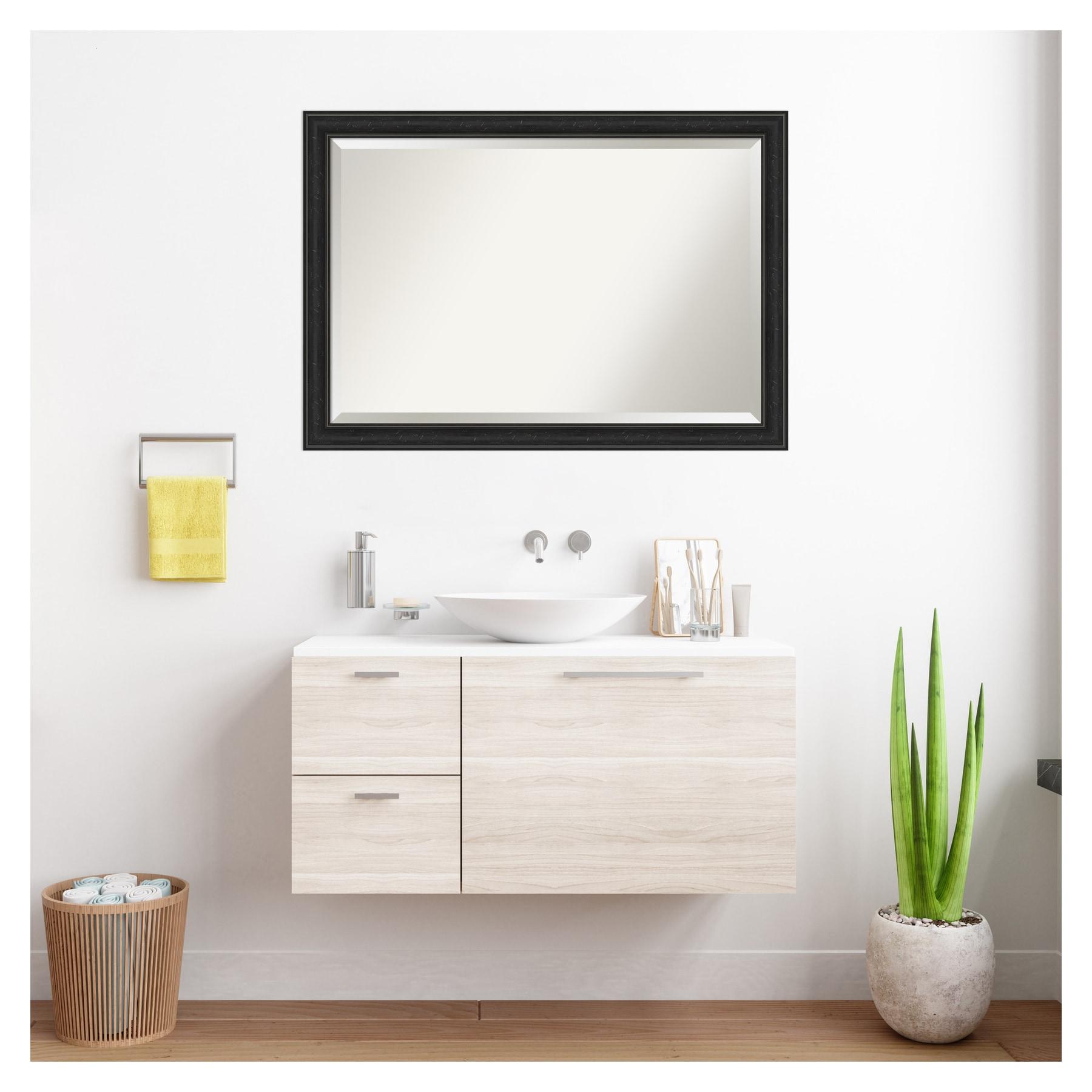 Amanti Art Beveled Bathroom Wall Mirror - Shipwreck Black Narrow Frame Outer Size: 40 x 28 in