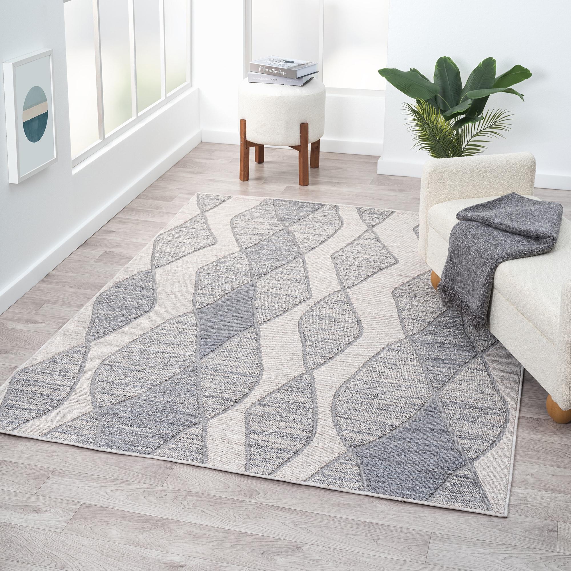 LR Home Gayle 7'10" x 8'10" Blue/Ivory Geometric Performance Indoor/Outdoor Area Rug