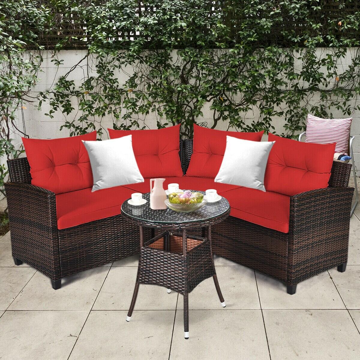 Costway 4PCS Outdoor Patio Rattan Furniture Set Cushioned Sofa Table Red