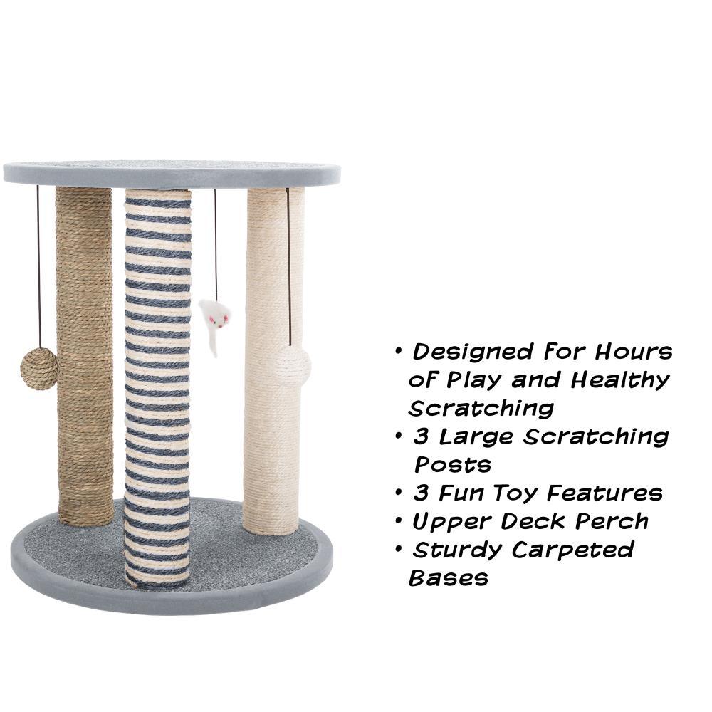 Cat Scratching Post - 3 Scratcher Posts with Carpeted Scratch Pad Base and Perch - Furniture Scratching Deterrent for Indoor Cats by PETMAKER
