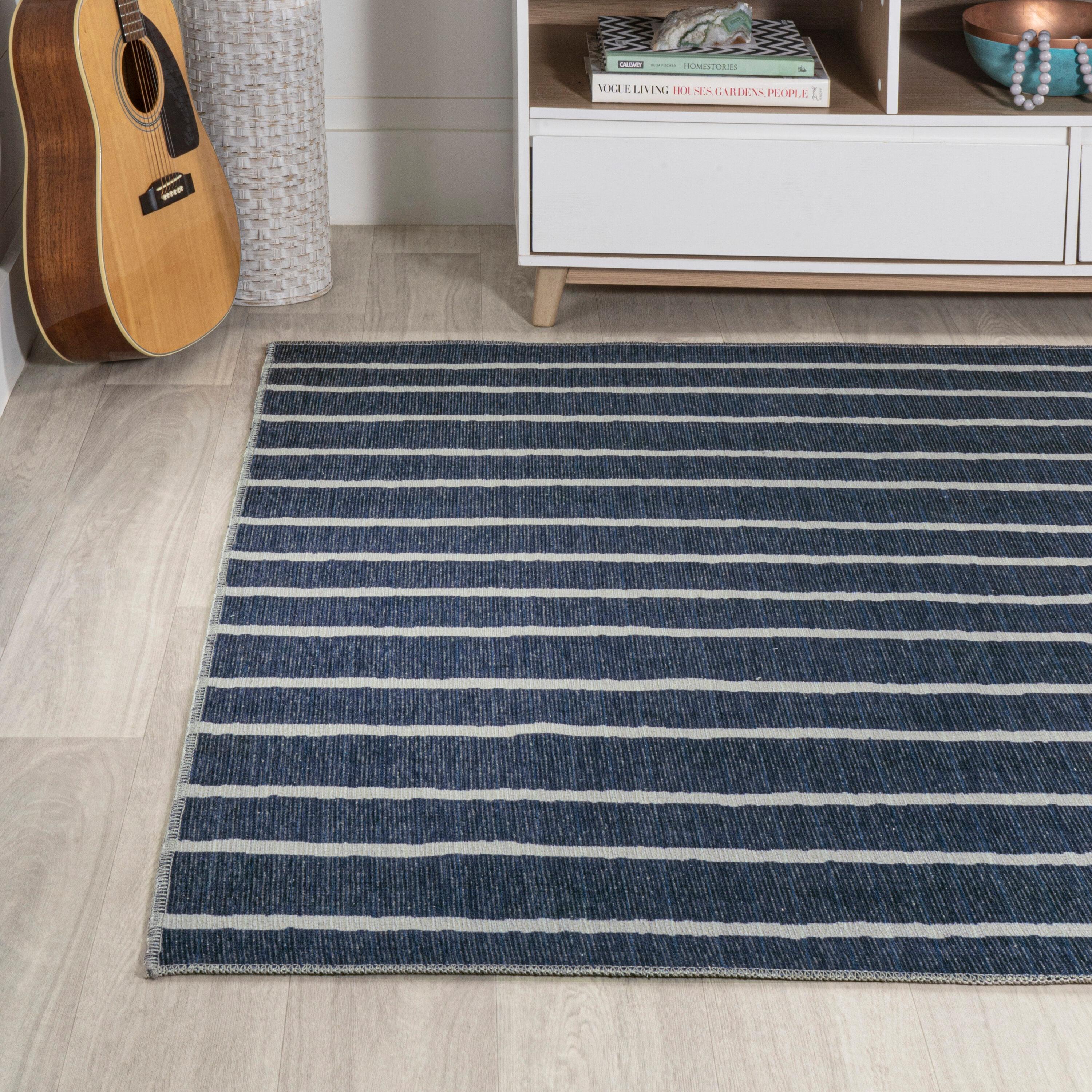 5' x 8' Rand Distressed Ticking Stripe Machine-Washable Area Rug, Navy/Ivory - JONATHAN Y