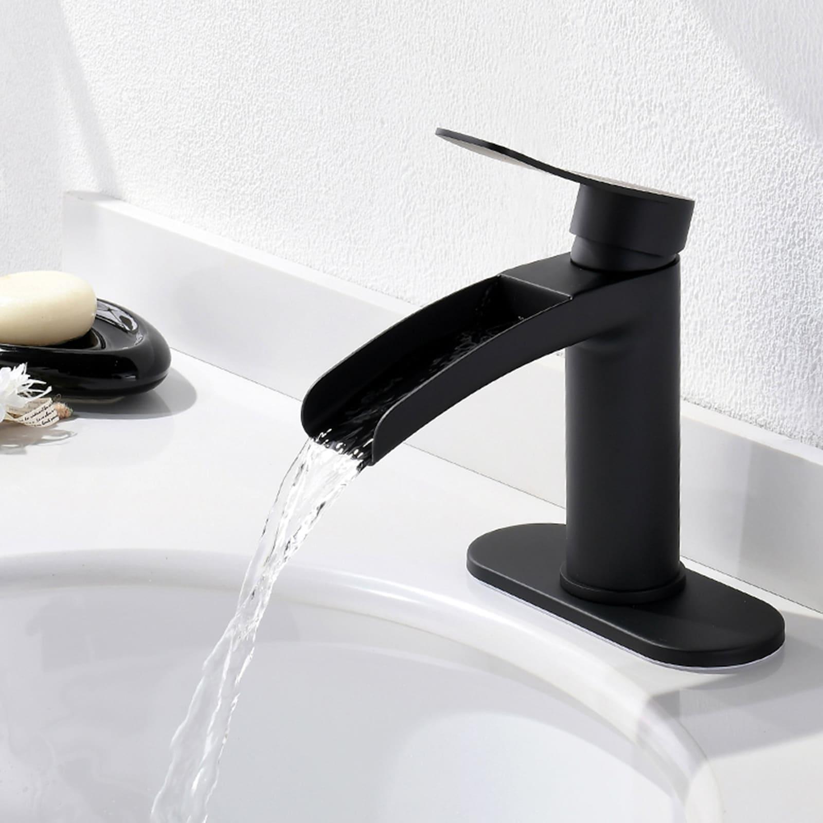Phiestina Matte Black Single Hole Waterfall Bathroom Sink Faucet Single Handle, with 6-Inch Deck Plate & Metal Pop Up Drain Assembly, NS-SF01-MB