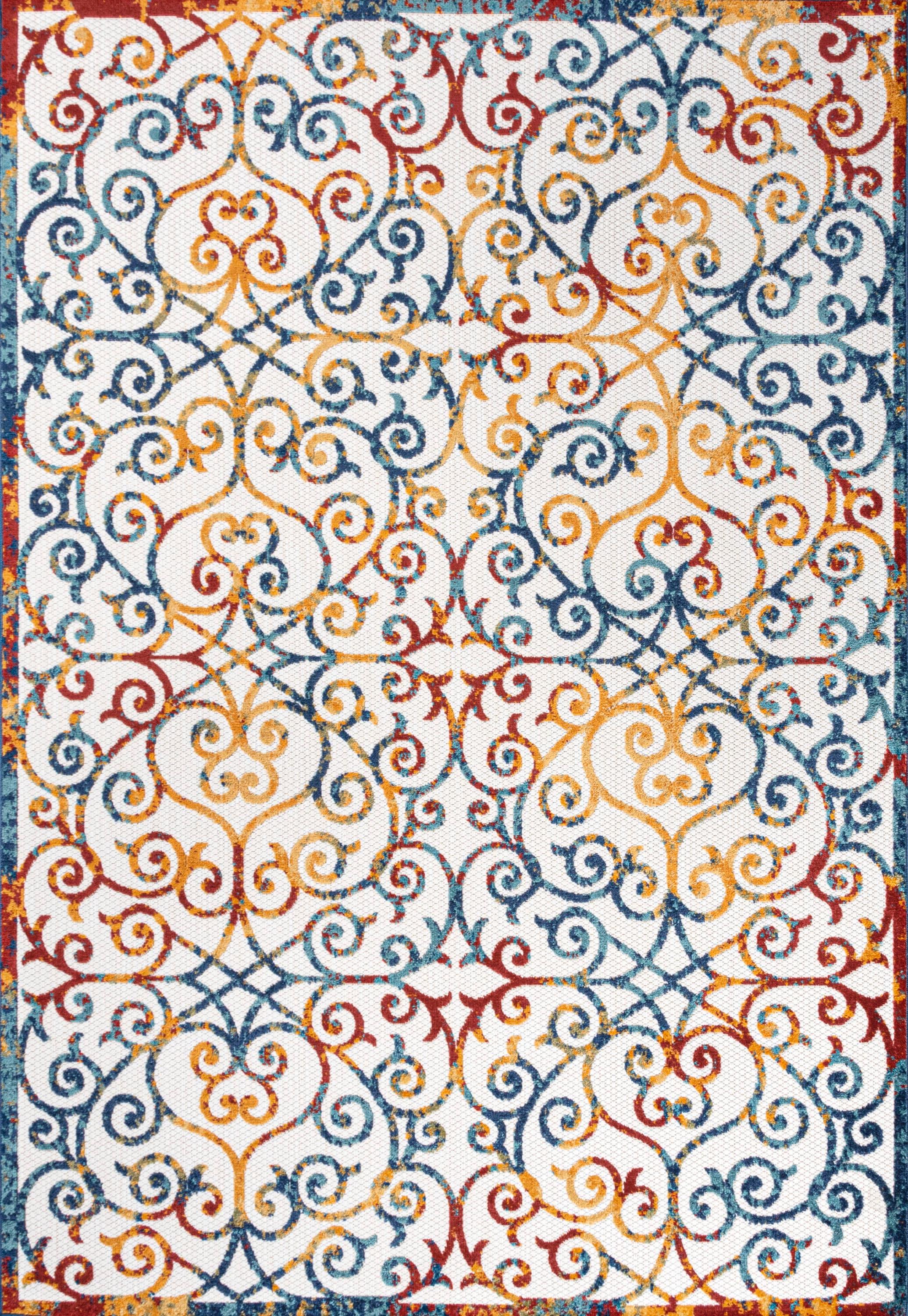 3'x5' Atrani Scroll Trellis Indoor/Outdoor Area Rug, Cream/Blue/Red - JONATHAN Y