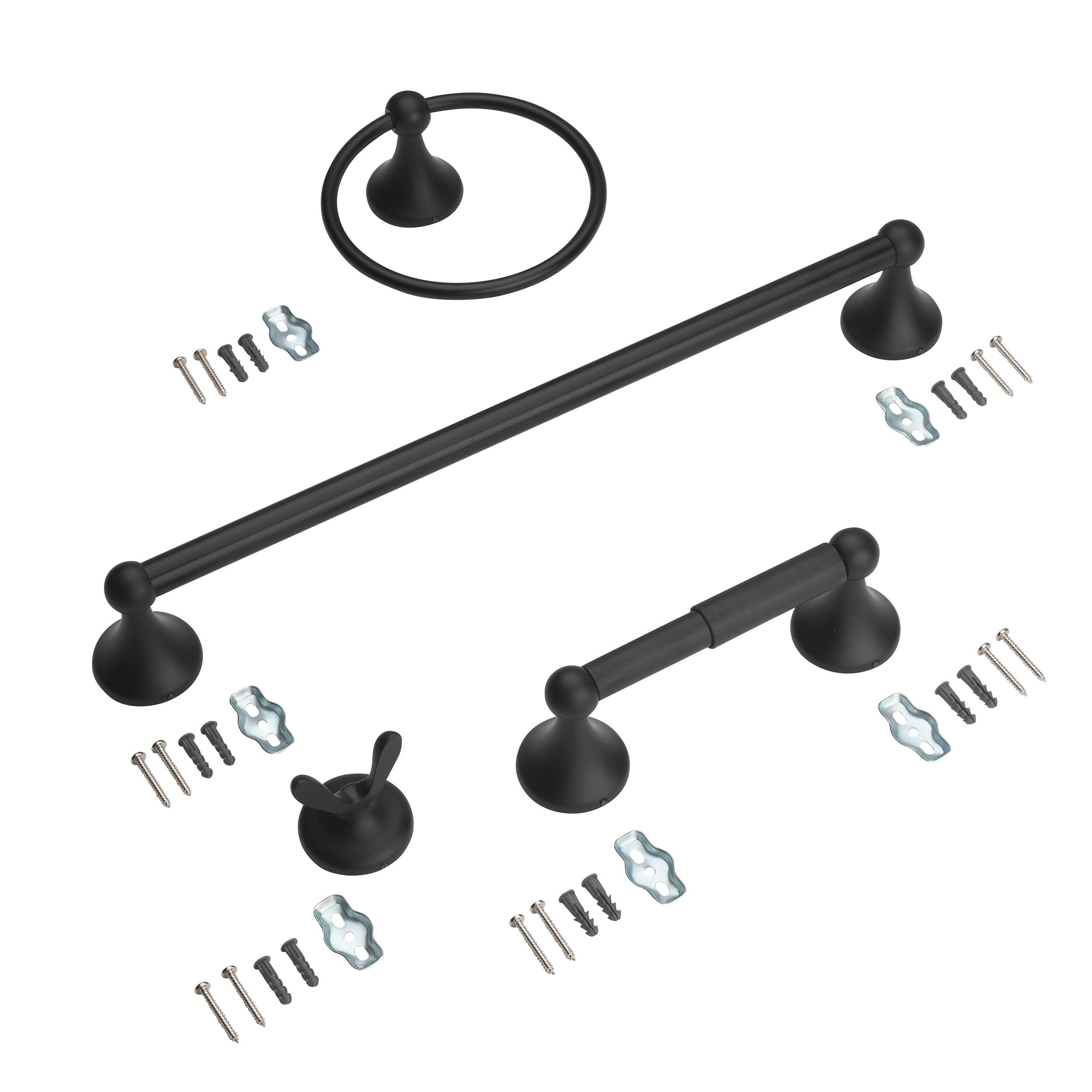 Matte Black 4-Pieces Brass Bathroom Hardware Accessory Set with Towel Bar, Towel Ring, Toilet Paper Holder and Robe Hook Includes