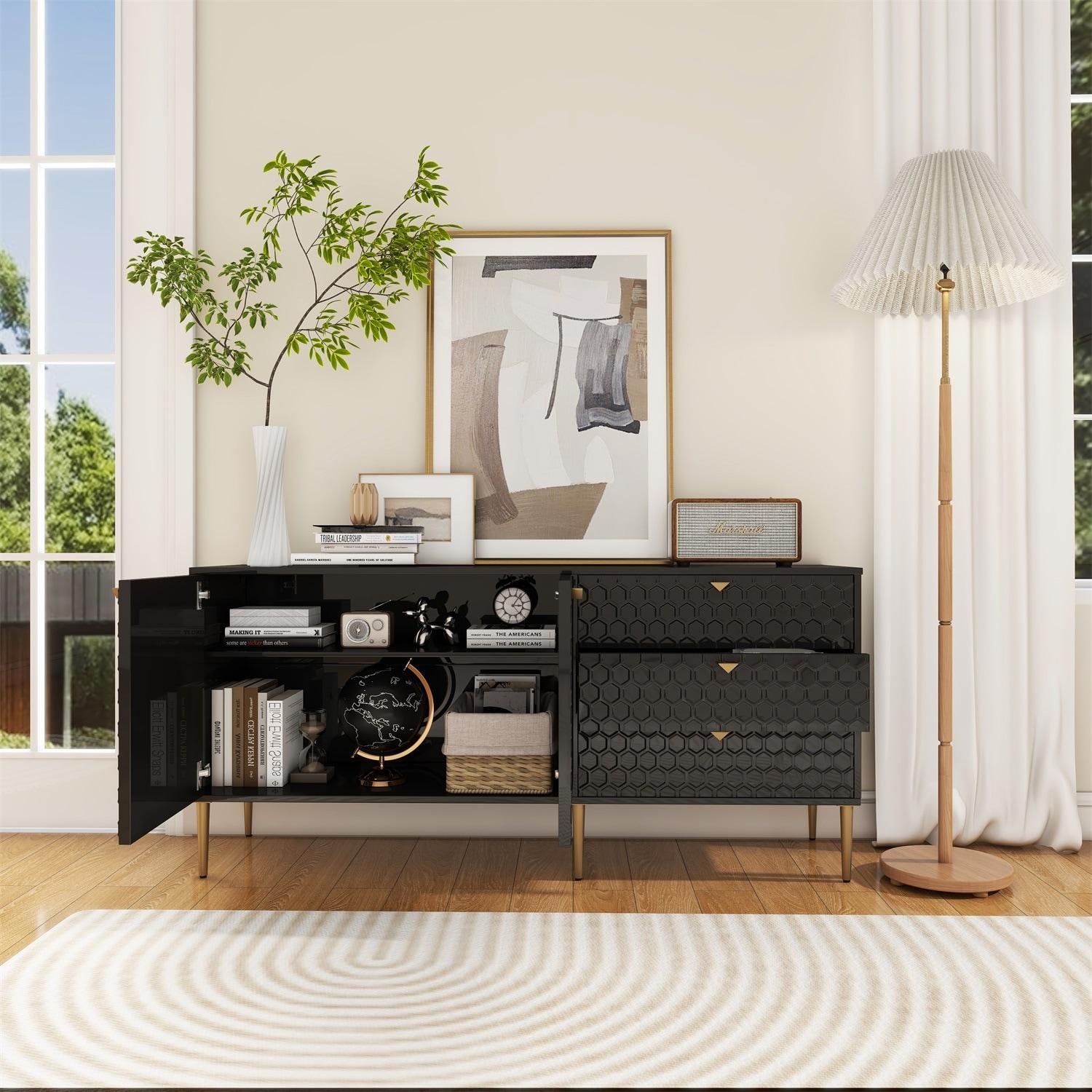 Boyel Living Sideboard Buffet Cabinet, 2-Door Accent Cabinet with 3 Drawer Dressers for Living Room, Kitchen, Office and Hallway, Black