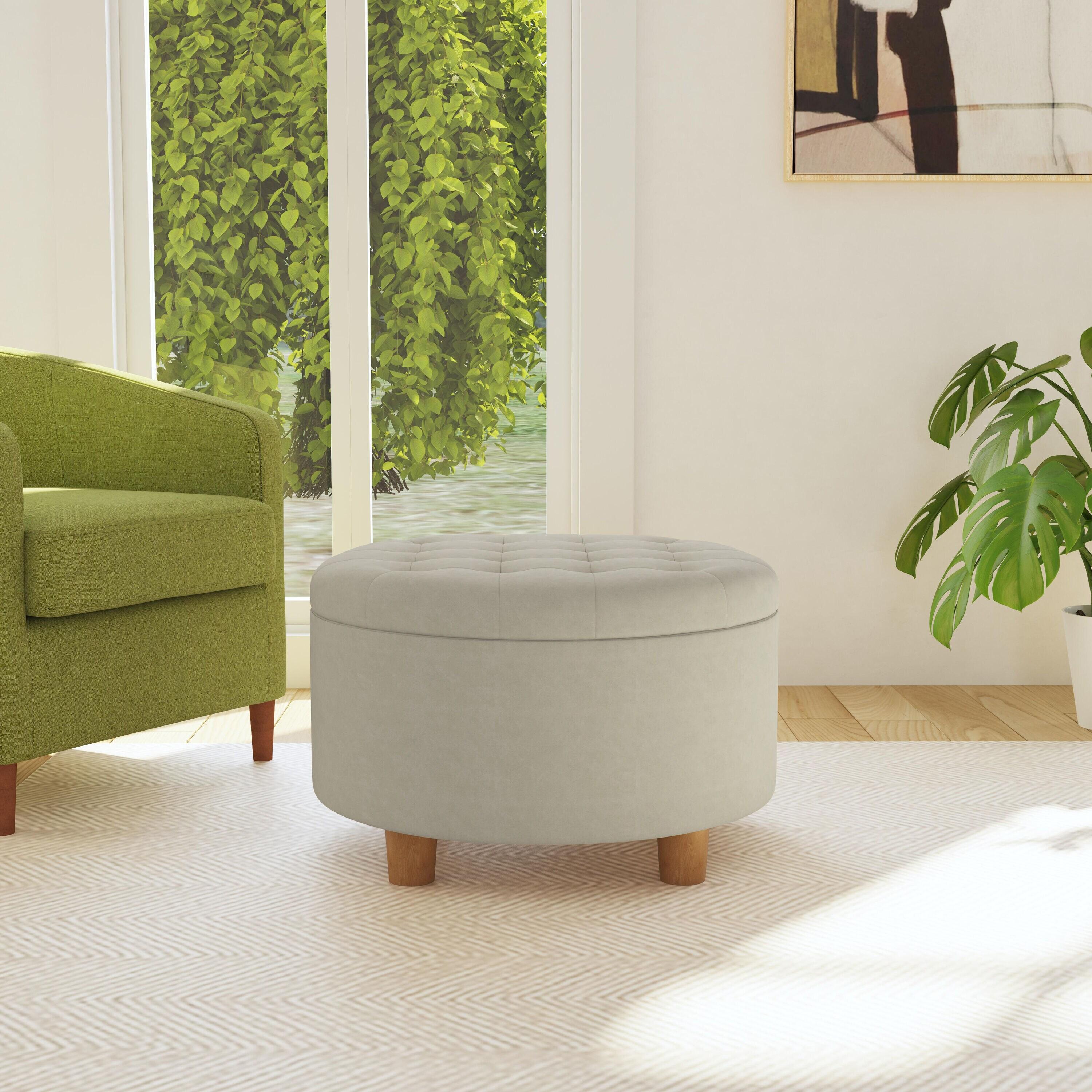 Tufted Round Storage Ottoman Fawn Velvet - HomePop: Lift-Off Lid, Honey Oak Legs, 250lb Capacity