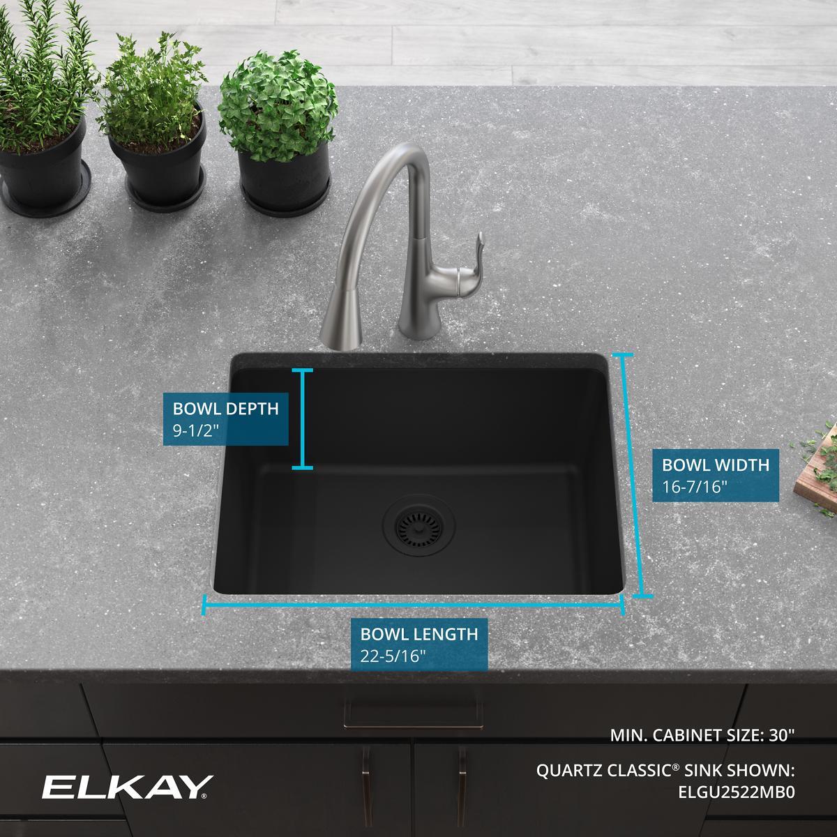 Elkay Quartz Classic 24-5/8" x 18-1/2" x 9-1/2" Single Bowl Undermount Sink, Graphite