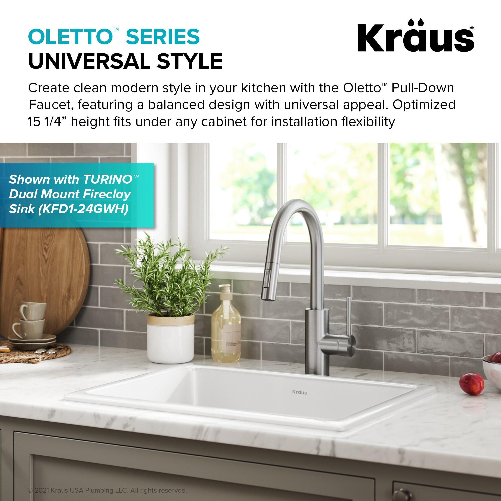 KRAUS Oletto Single Handle Pull Down Kitchen Faucet with QuickDock Top Mount Installation Assembly