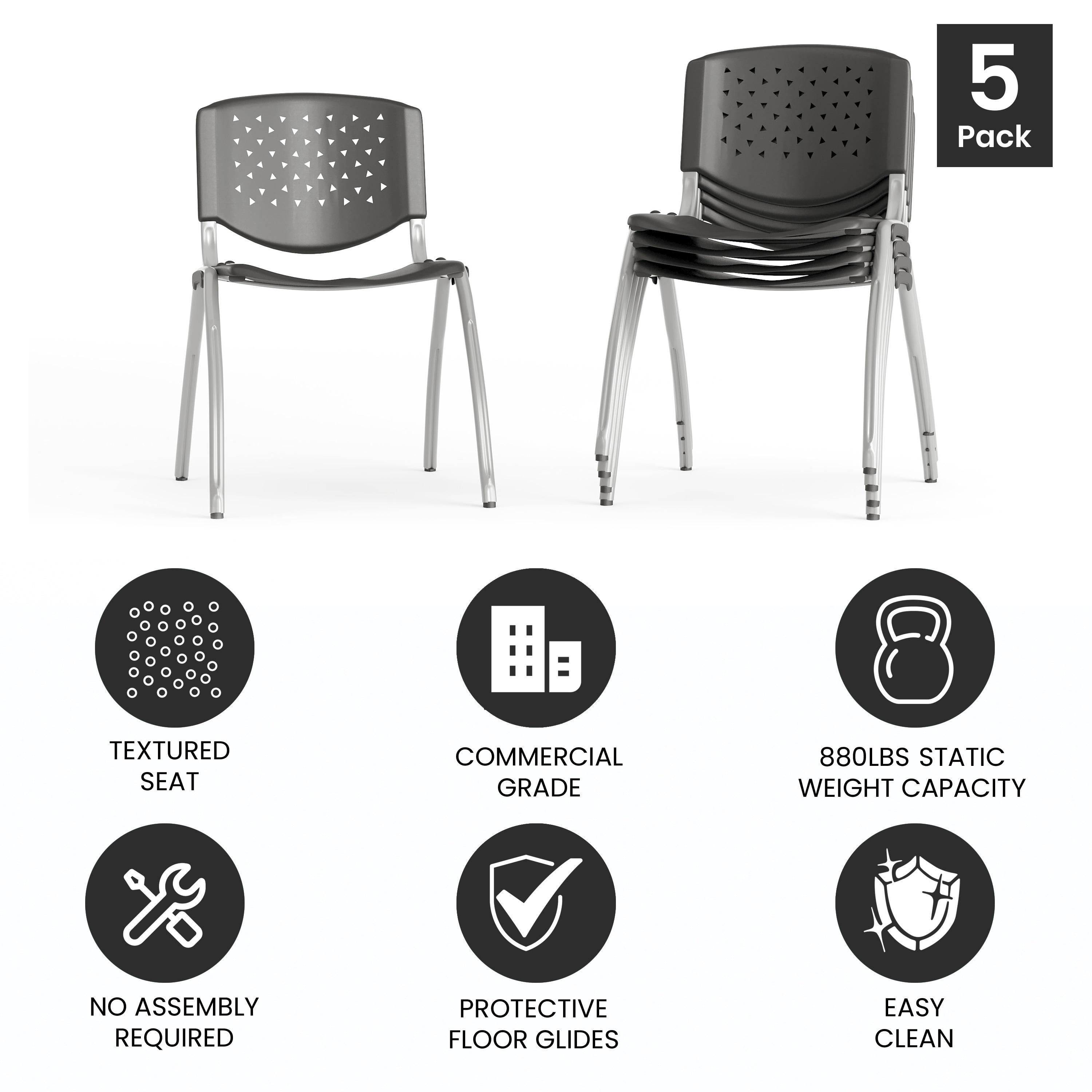Flash Furniture HERCULES Series 5 Pack 880 lb. Capacity Gray Plastic Stack Chair with Titanium Gray Powder Coated Frame