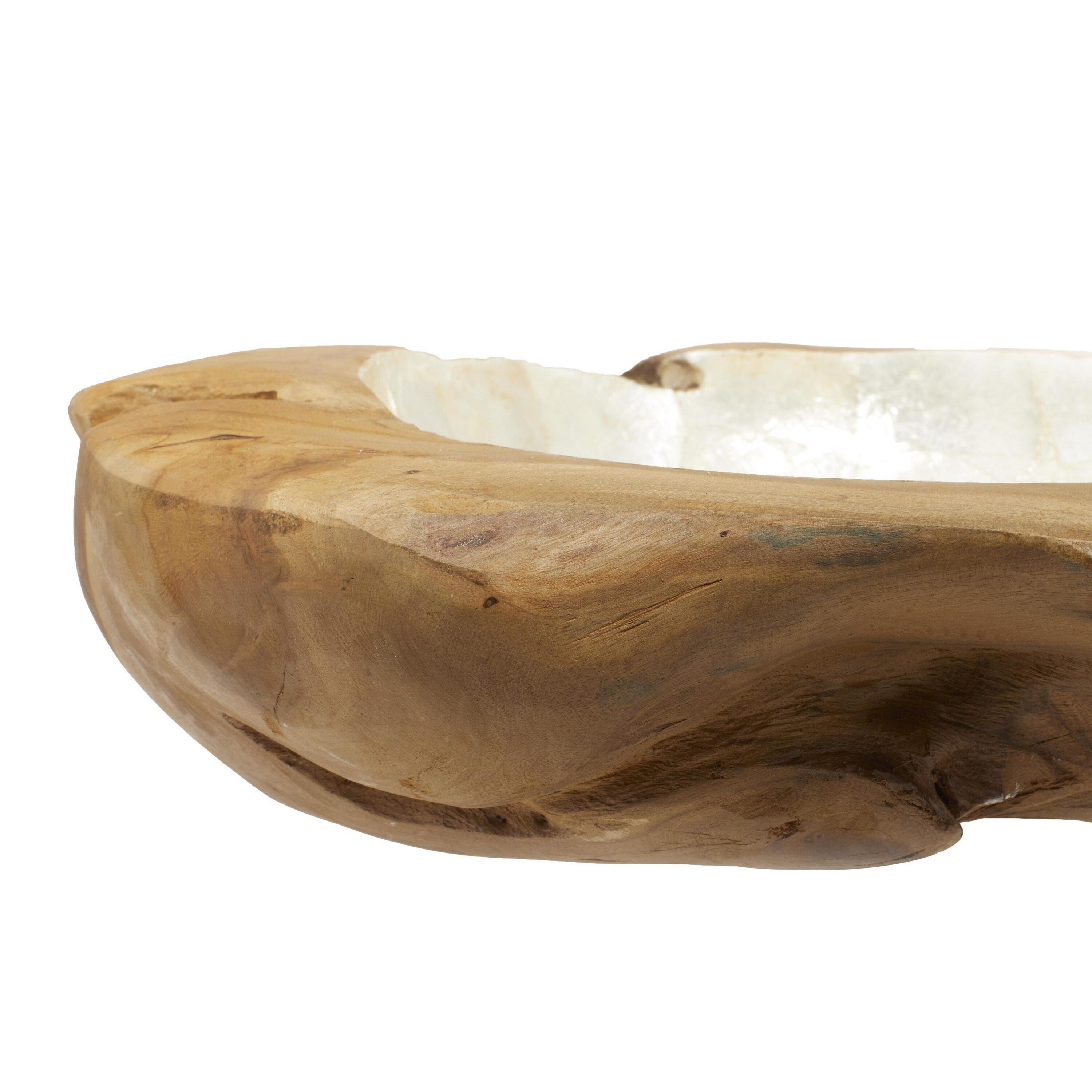 DecMode 16" Handmade Round Live Edge Free Form Brown Teak Wood Decorative Bowl with Capiz Interior