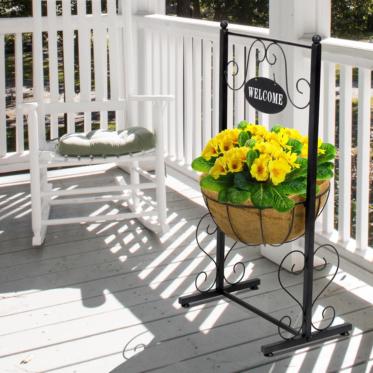 Sorbus Sorbus Welcome Sign Metal Planter Basket Stand in Black Metal