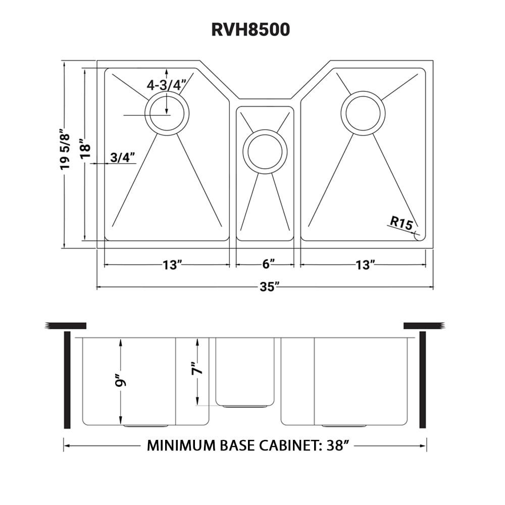 Ruvati 35" Triple Bowl Undermount 16 Gauge Stainless Steel Kitchen Sink
