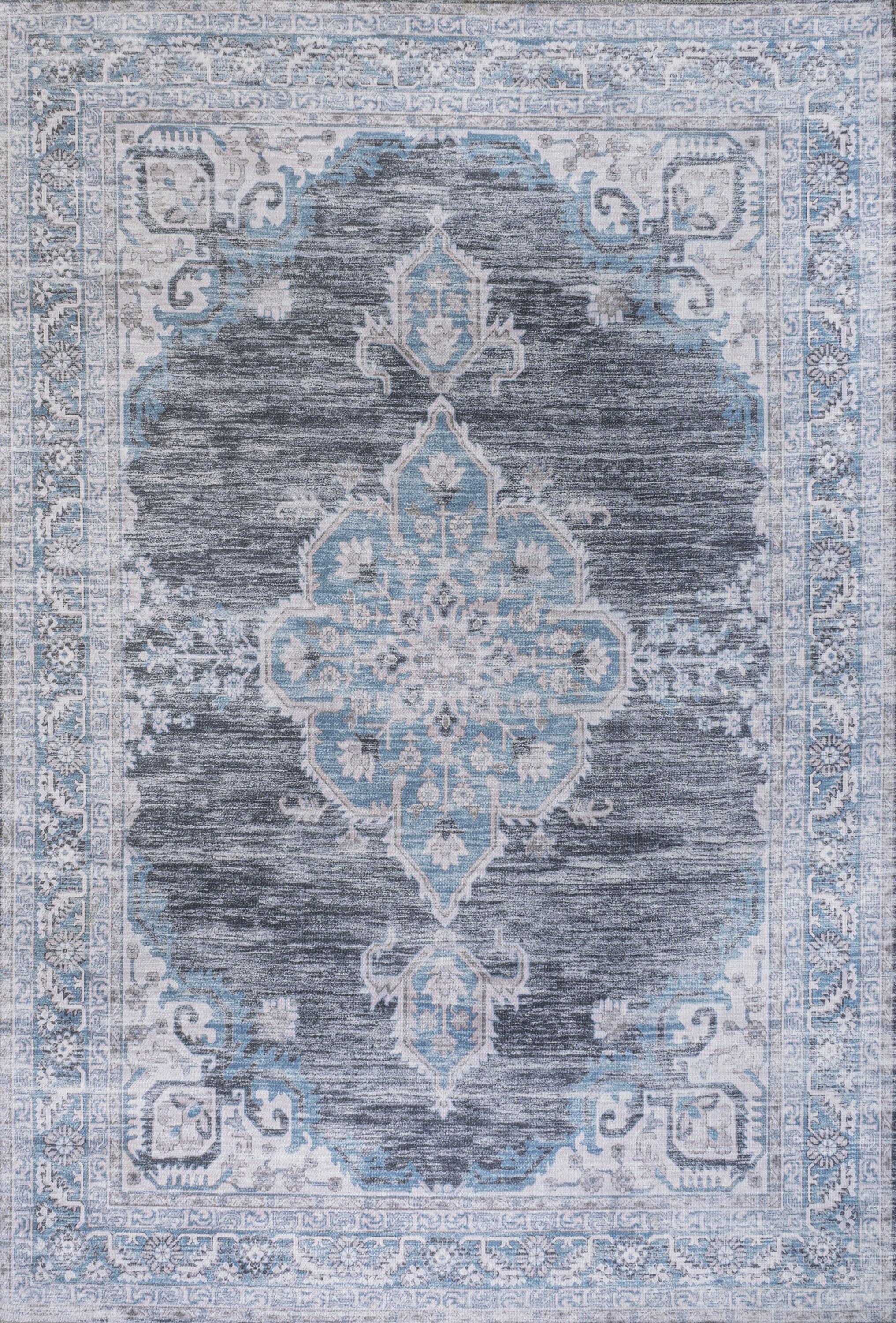 Wincer Chenille Cottage Medallion Machine-Washable Gray/Blue/White 3 ft. x 5 ft. Area Rug - JONATHAN Y