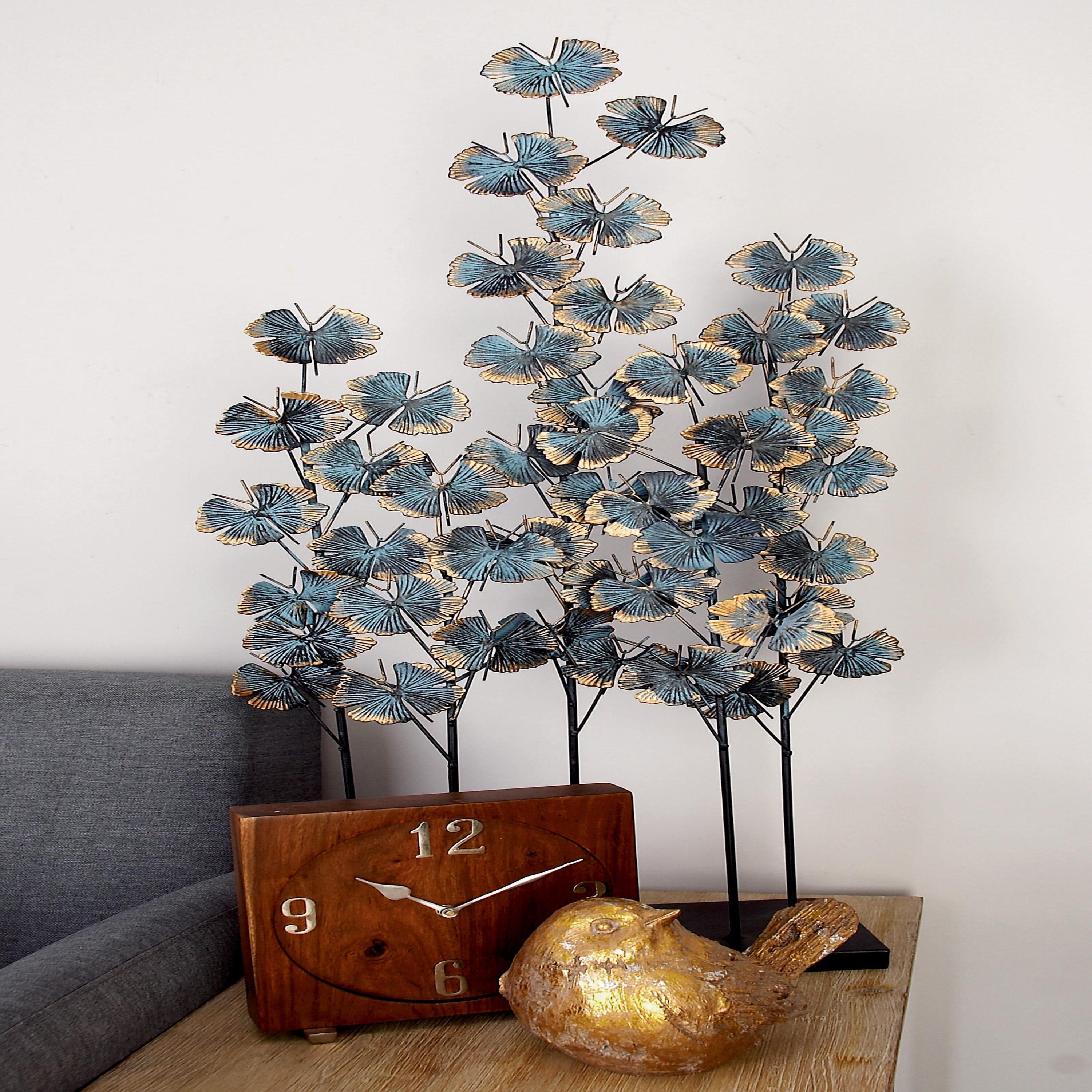 Teal and Gold Iron Leaf Sculpture with Flat Base