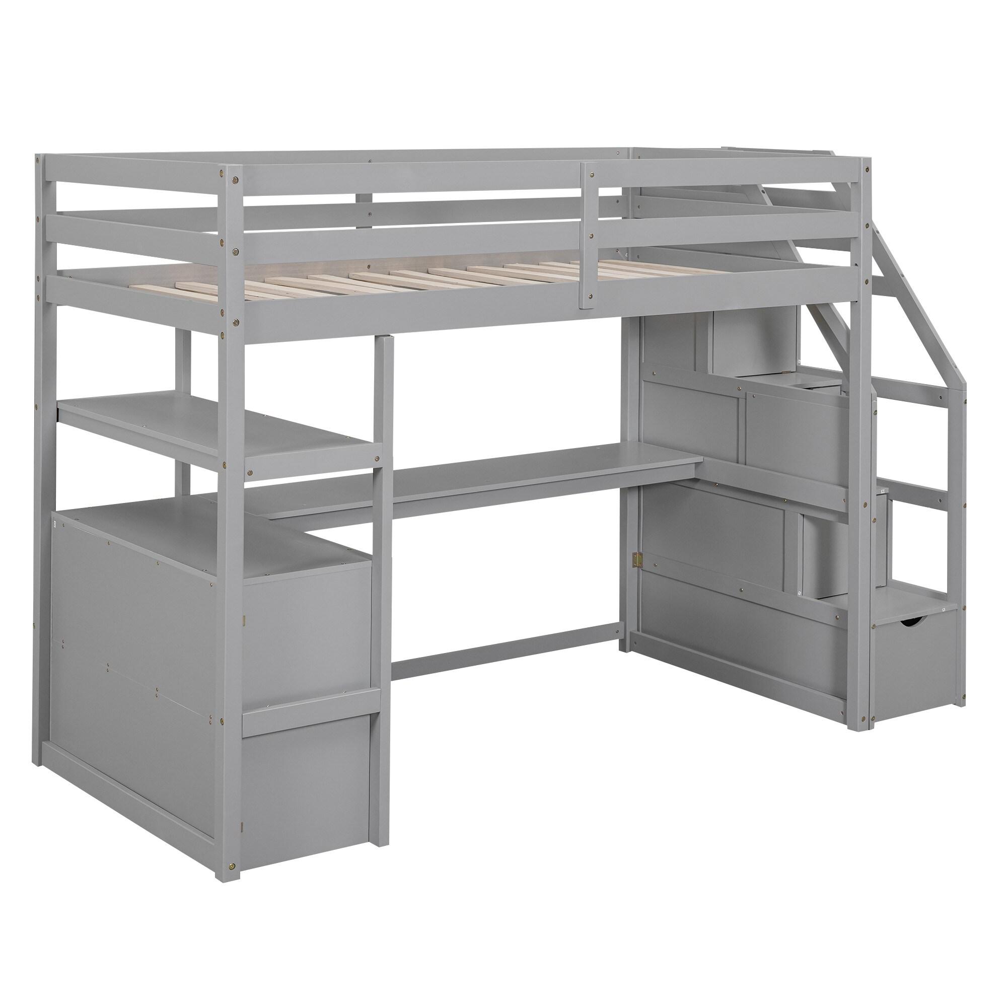 Stairway Twin Size Loft Bed with L Shape Desk, Shelves, Two Tier Drawers and Storage Staircase, Gray