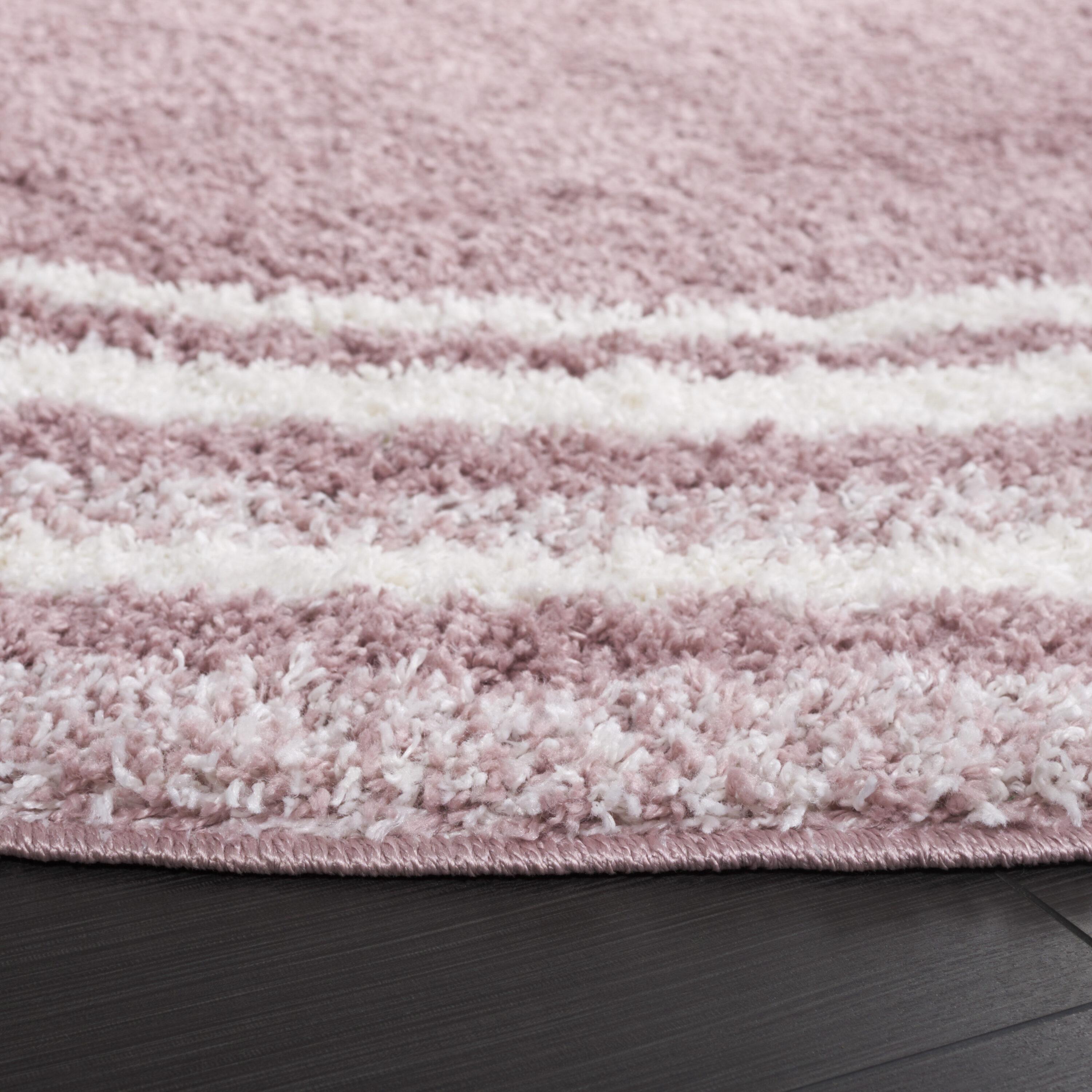SAFAVIEH Border & Stripe Hyram Bordered Shag Area Rug, Pink/Ivory, 6'7" x 6'7" Round