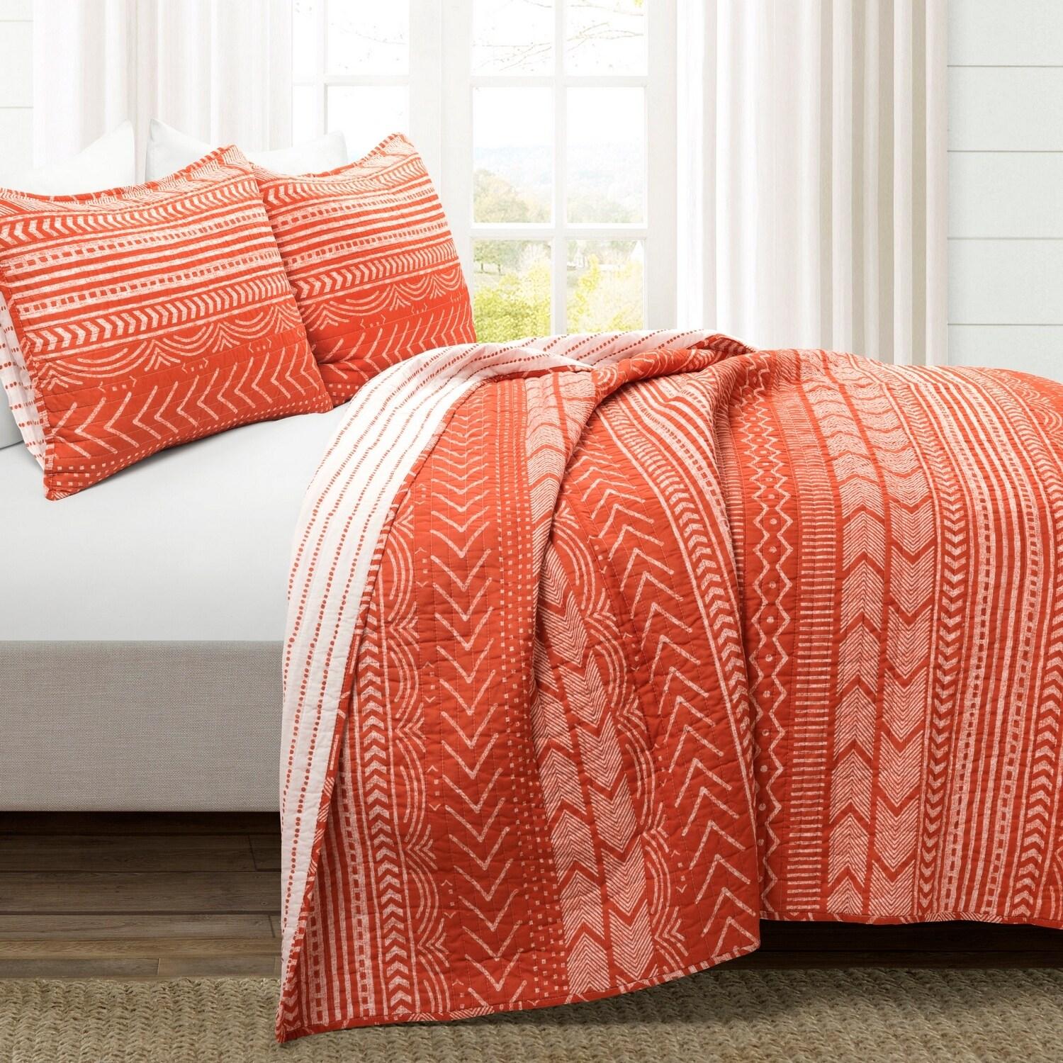 Brunt Orange Cotton Reversible 3 Piece Quilt Set