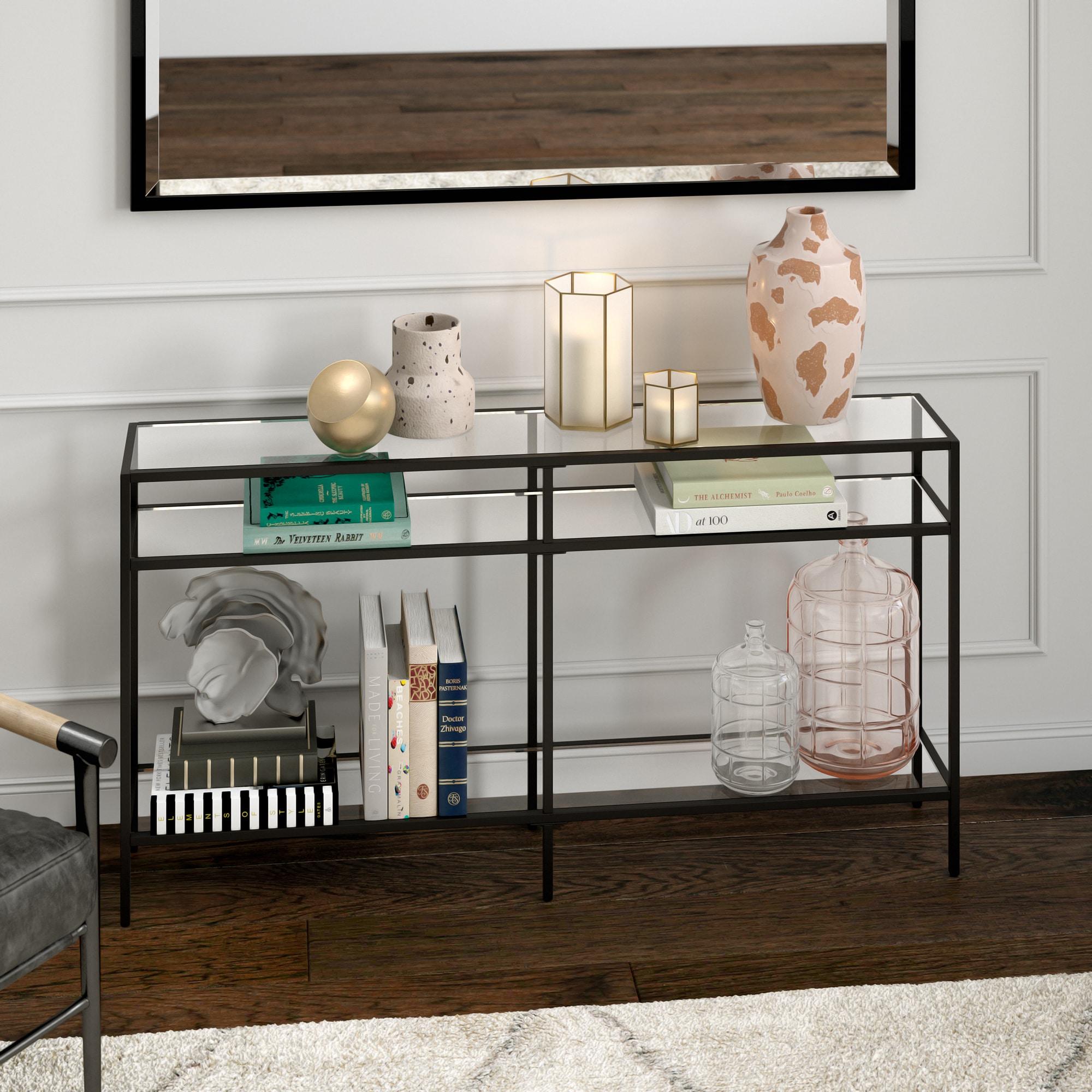 Sivil 55" Blackened Bronze and Black Metal Console Table with Glass Top