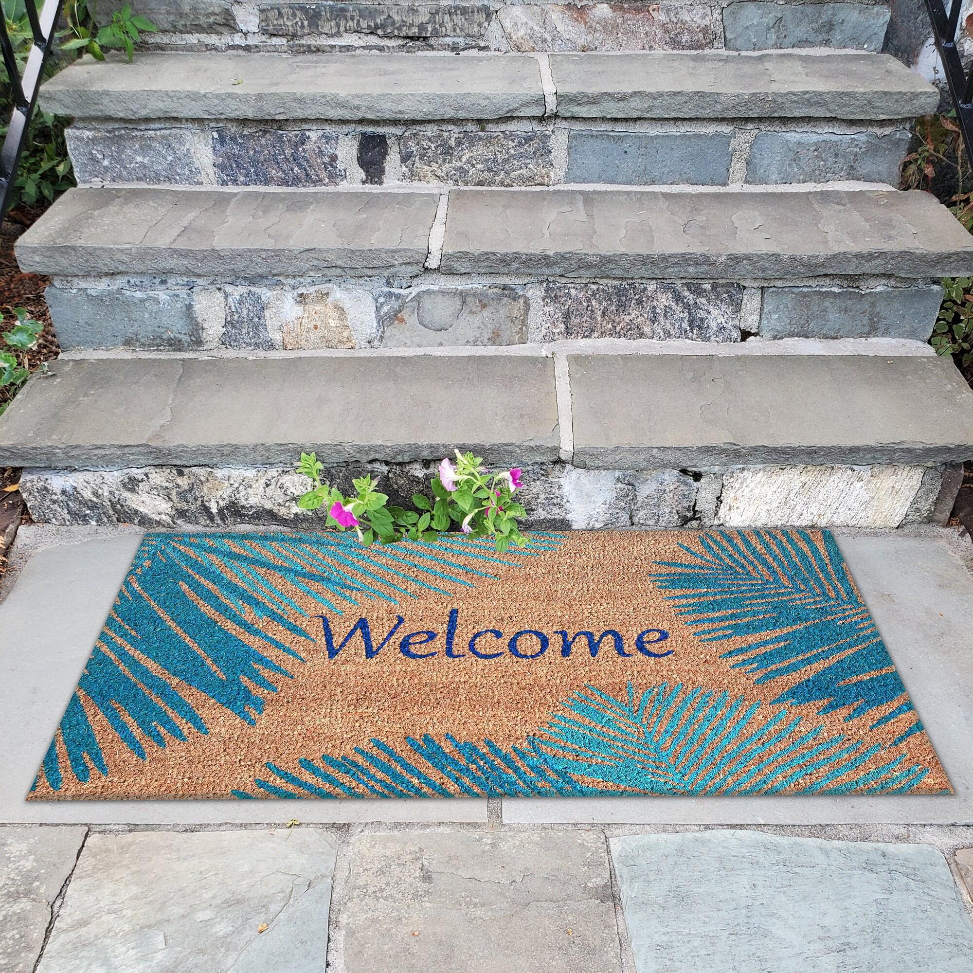 Blue Coir Outdoor Doormat with Palm Border, 24" x 36"