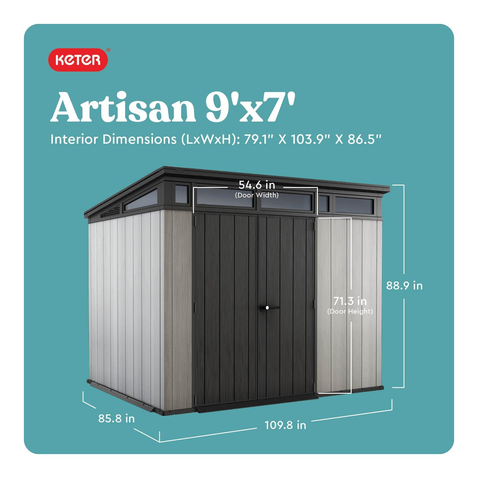 Keter Keter Artisan 9x7 ft. Modern Durable Resin Outdoor Storage Shed With Floor and Double Doors for Garden Patio Furniture and Tools, Grey