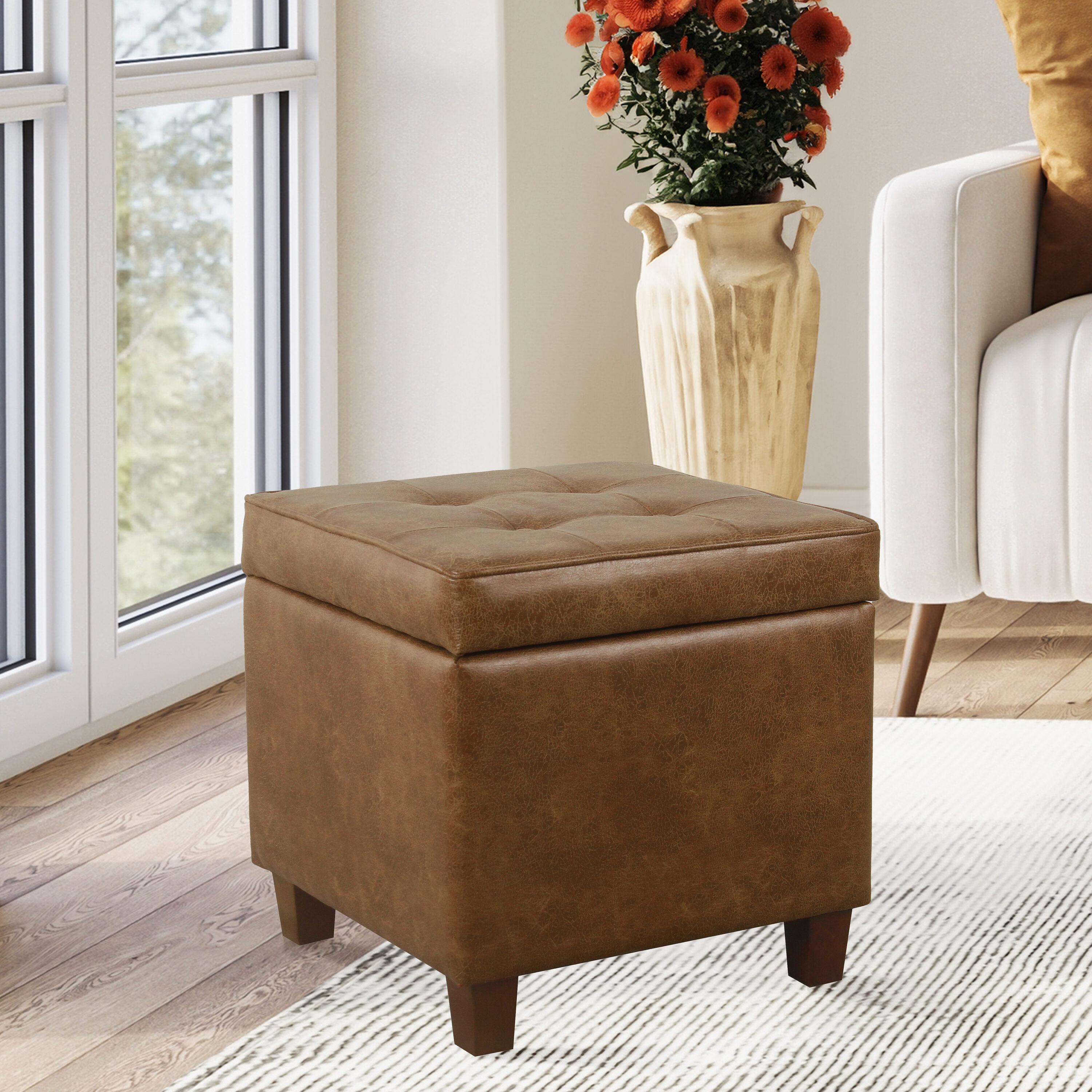 Square Tufted Faux Leather Storage Ottoman Brown - HomePop