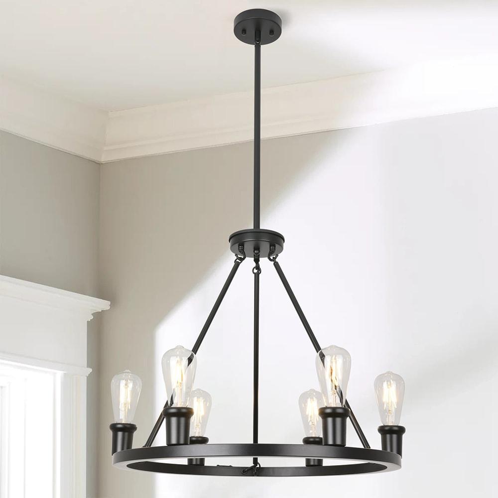 Matte Black Metal Wagon Wheel 6-Light Chandelier