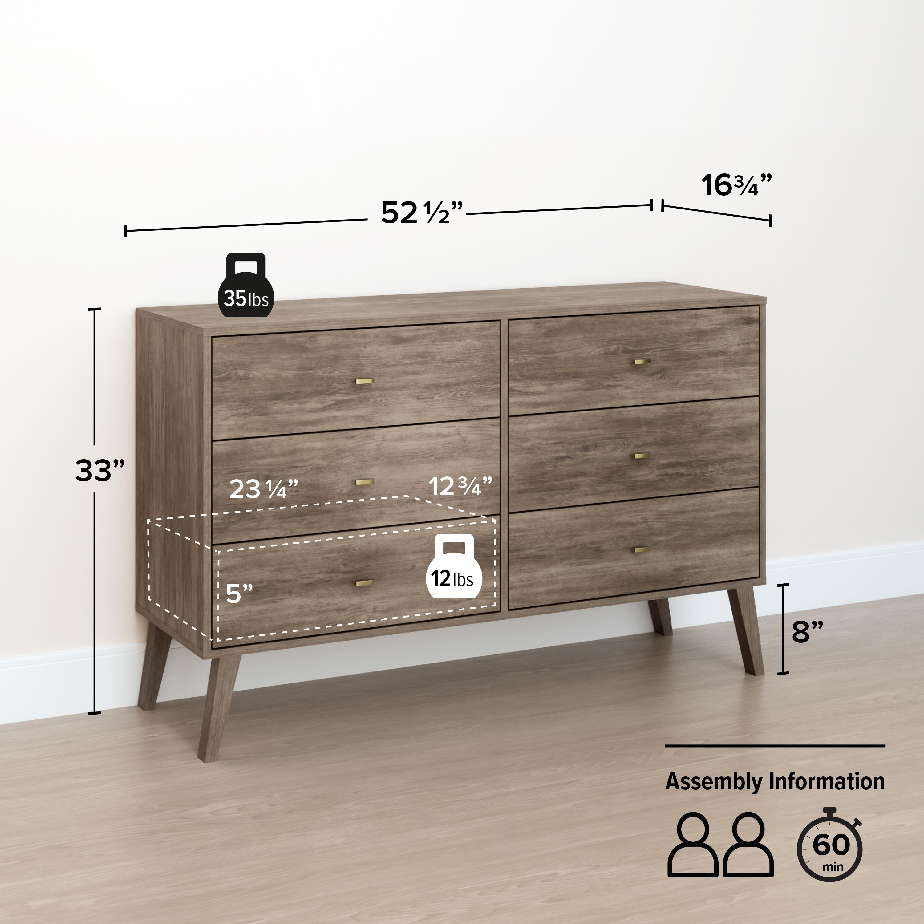 Mid-Century Modern 6 Drawer Dresser Drifted Gray - Prepac: Sleek Storage, Tapered Legs