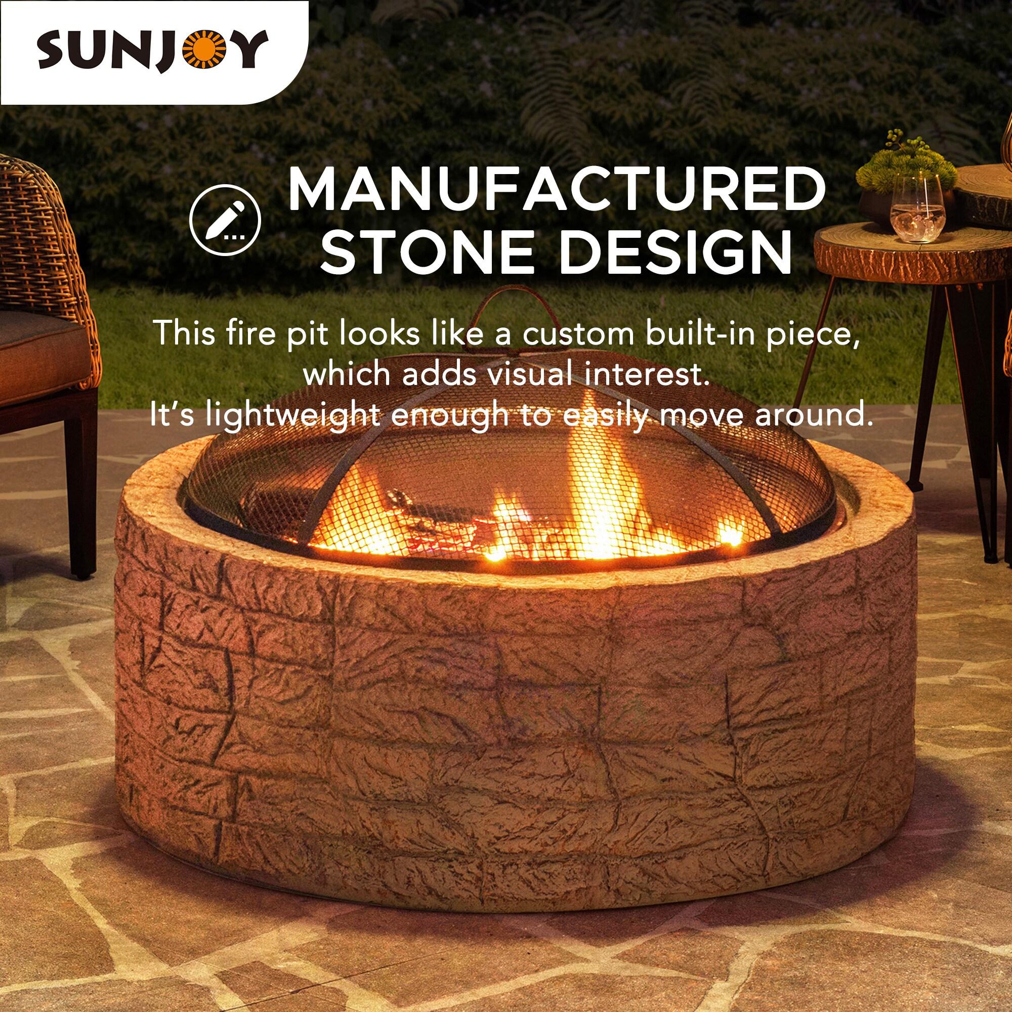 Sunjoy Stone Fire Pit 26 Inch, Outdoor Round Wood Burning Fire Pits with Spark Screen and Poker  Tan