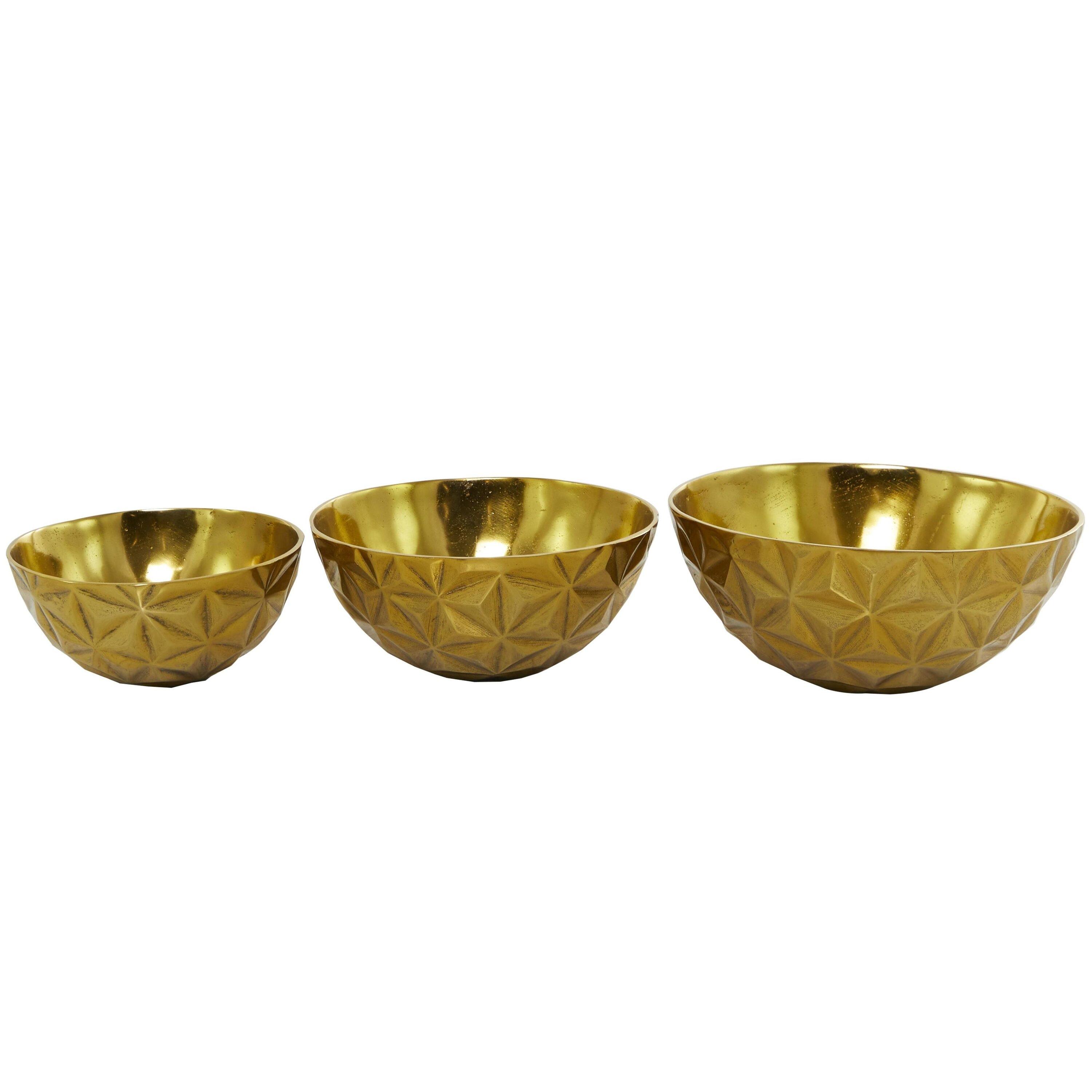DecMode Modern Aluminum Round Shaped with Faceted Surface Decorative Bowl with Gold Glossy Interior Finish, Set of 3 14", 12", 10"