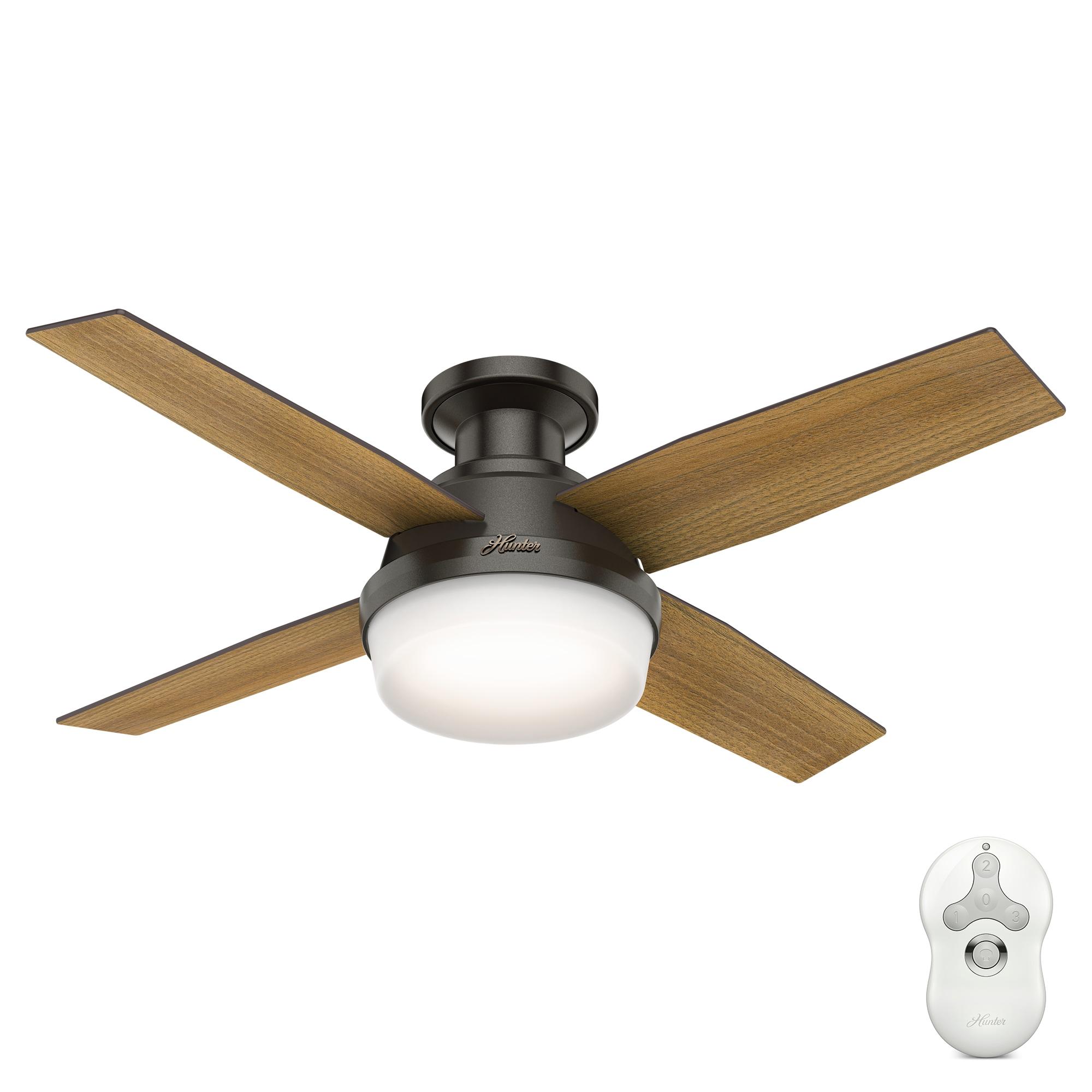Hunter Fan Dempsey Low Profile 44" 4 - Blade Indoor Flush Mount Small Room Ceiling Fan with Lights and Remote