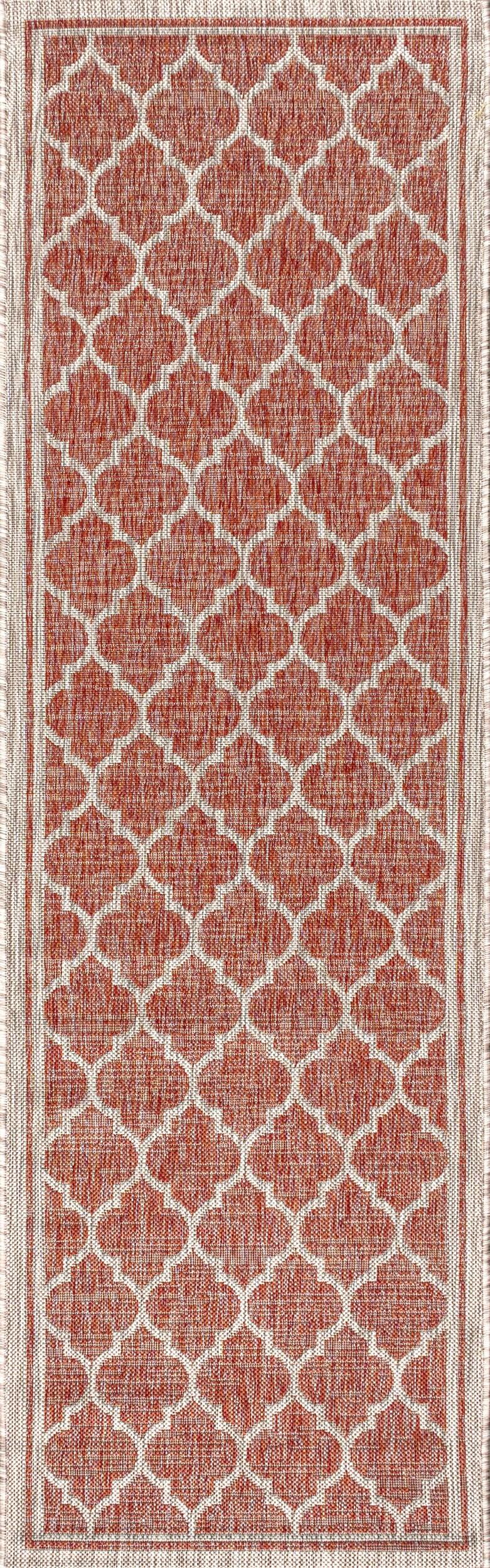 2' X 10' Trebol Moroccan Trellis Textured Weave Indoor/Outdoor Runner Rug, Red/Beige - JONATHAN Y