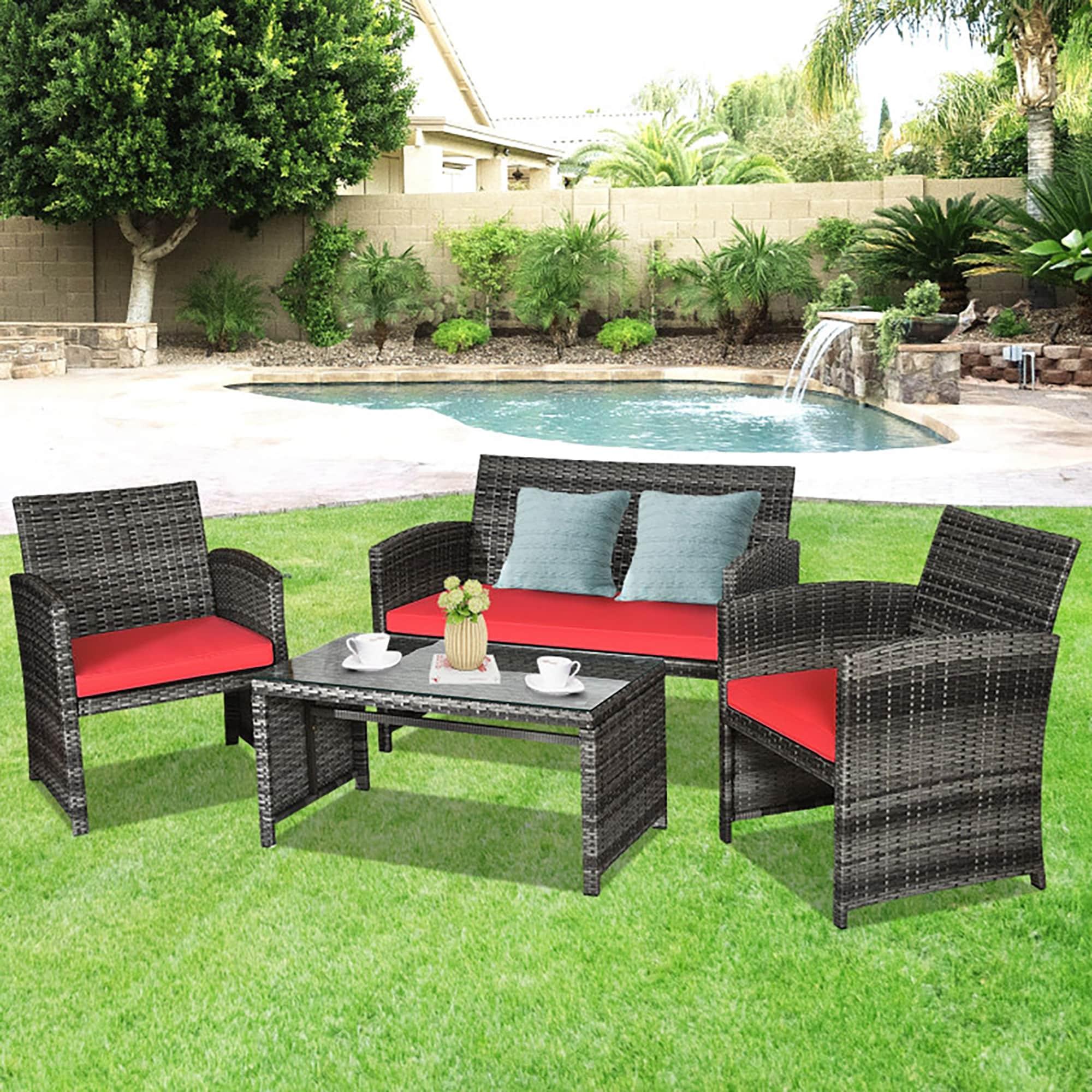 Aimee Lii 4 Pieces Wicker Patio Furniture Set with Cushions, Wicker Outdoor Sectional, Red