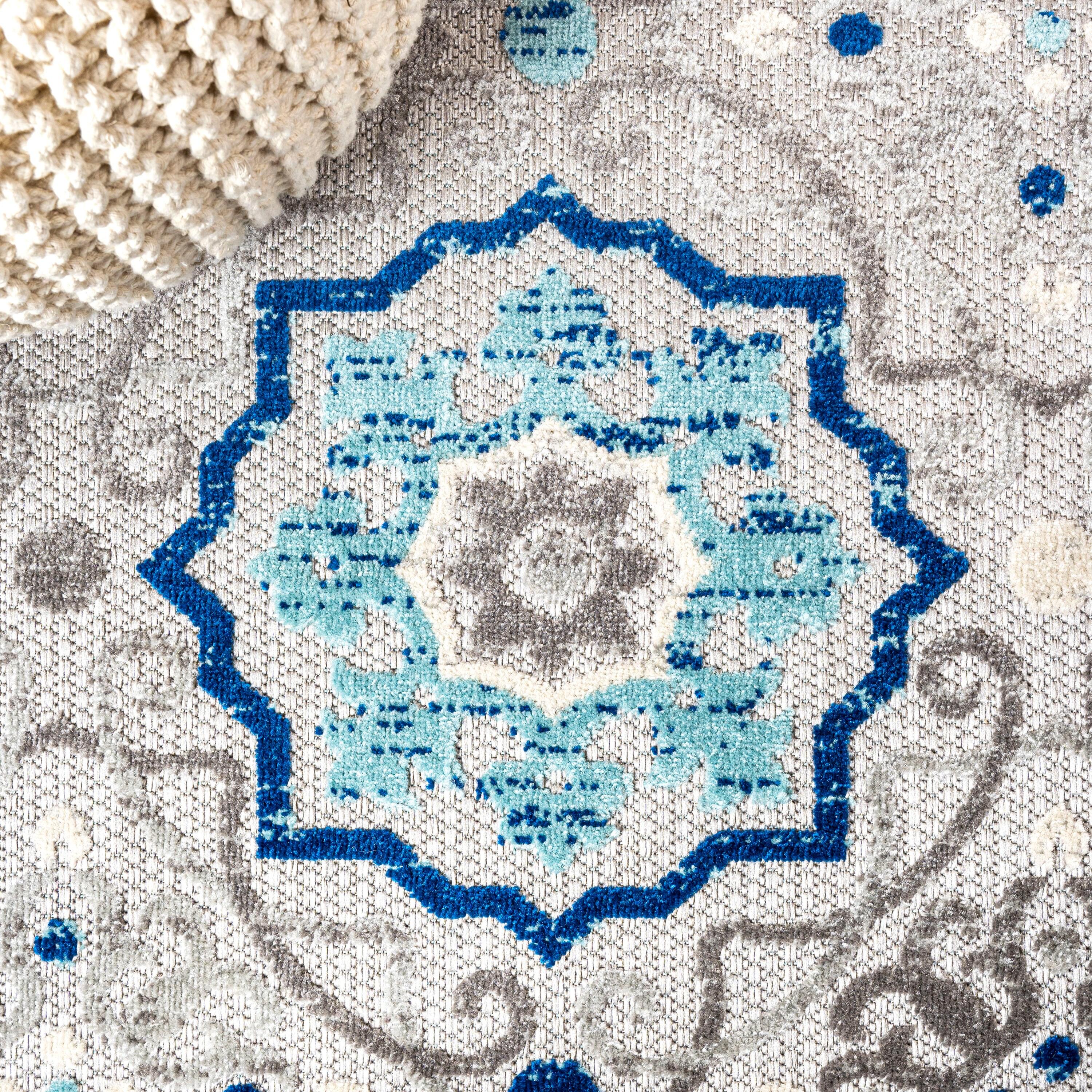 3'x5' Mediterranean Medallion Indoor/Outdoor Area Rug, Blue/Gray - JONATHAN Y