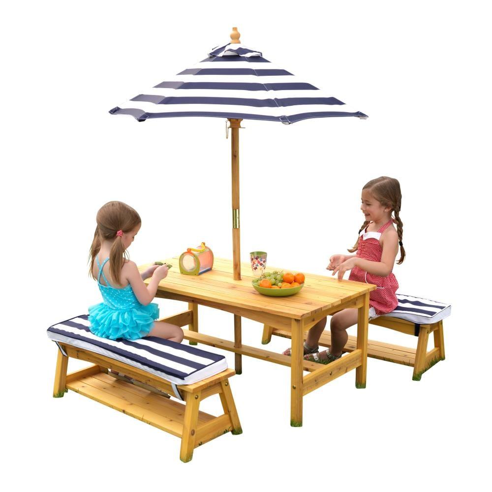 Outdoor Wooden Table & Benches with Cushions & Umbrella, Navy