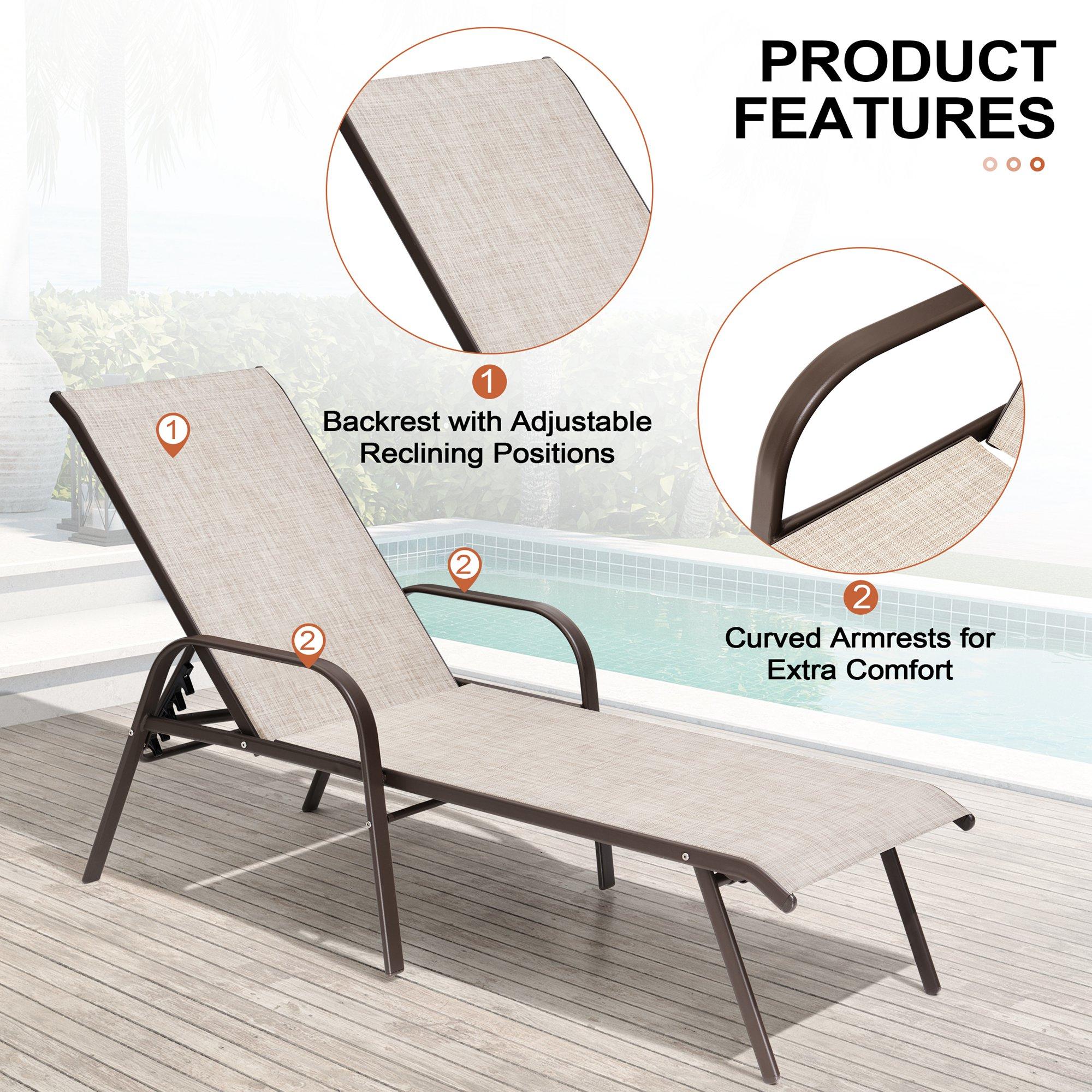 Crestlive Products Set of 2 Outdoor Chaise Lounge Steel Patio Chairs, Beige