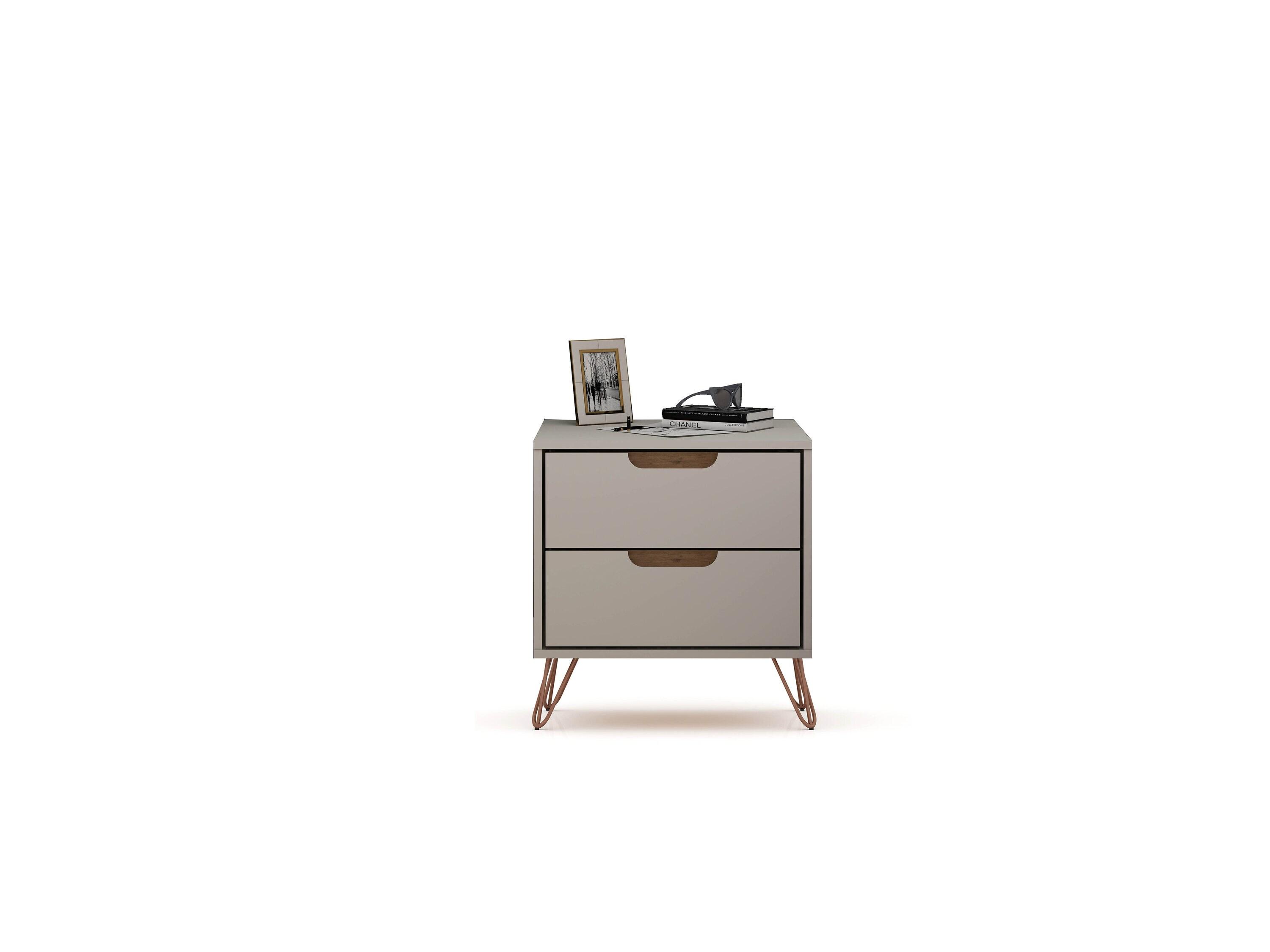 Manhattan Comfort 2.0 Rockefeller Nightstand Off White/Natural: Mid-Century Design, Splayed Metal Legs, Dual Drawers